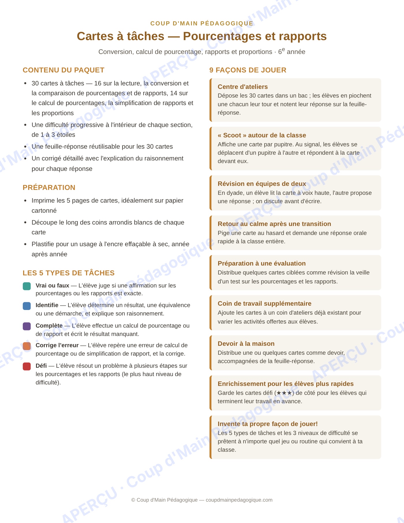 Page 1 — Pourcentages et rapports — 6e, cartes à tâches