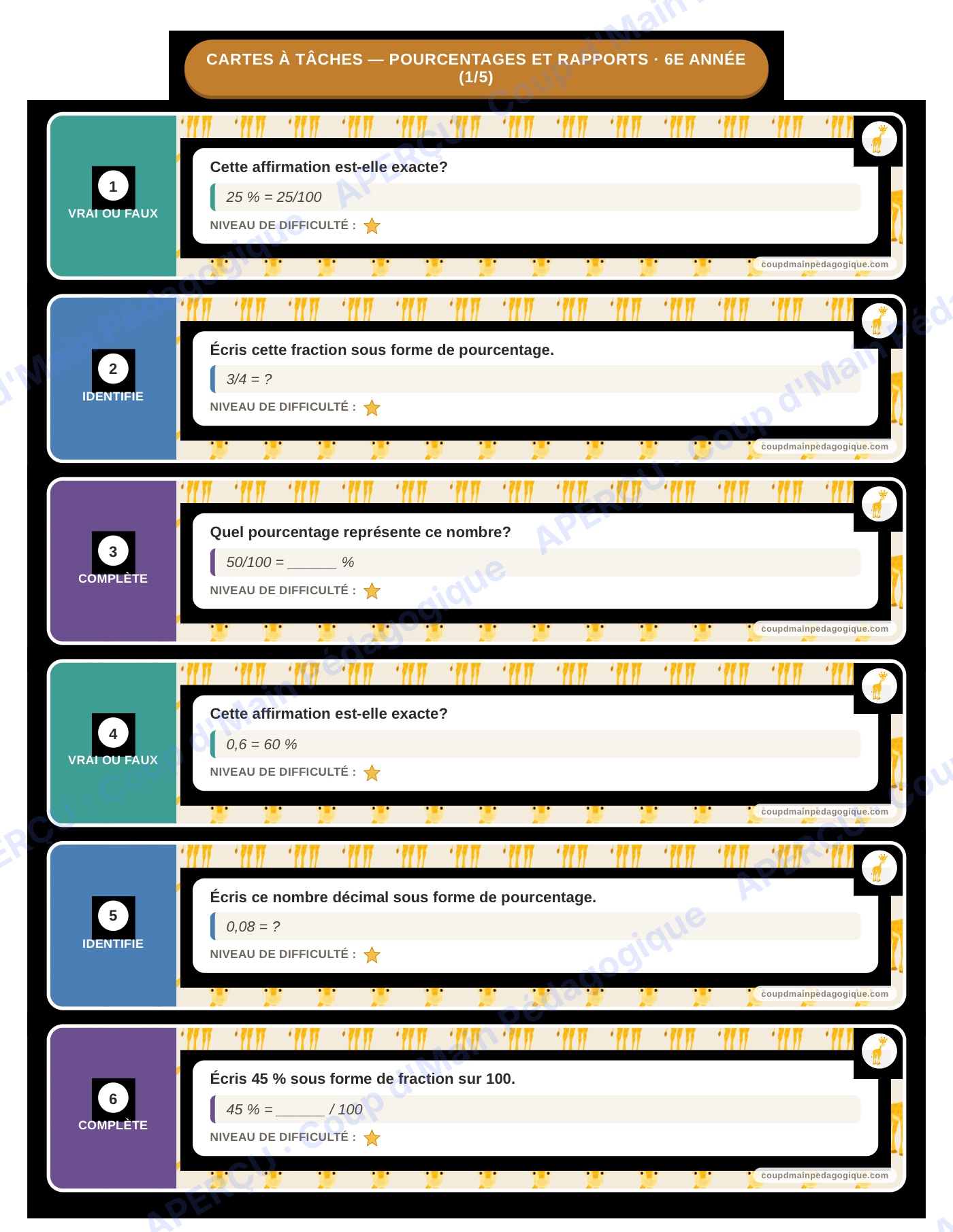 Page 2 — Pourcentages et rapports — 6e, cartes à tâches