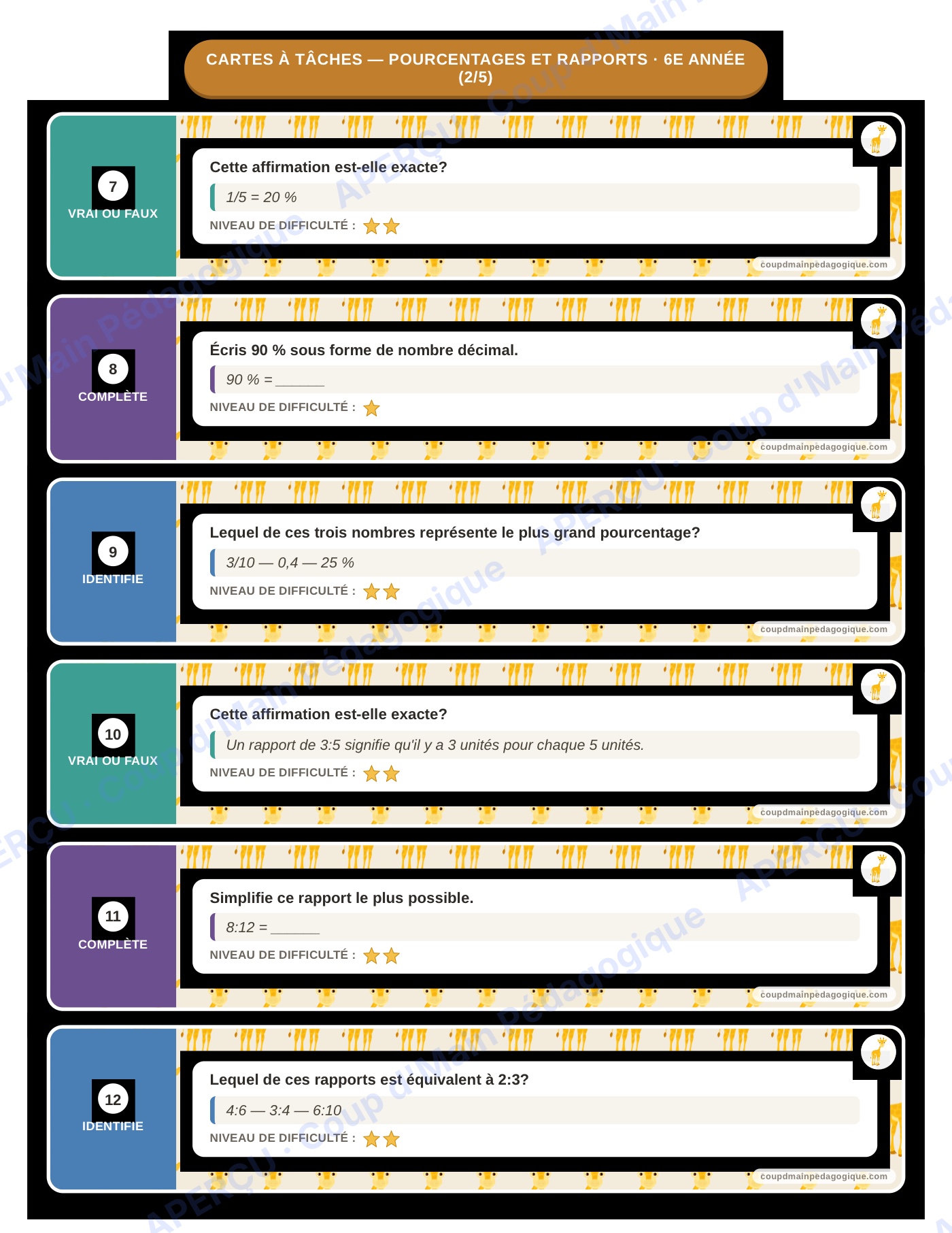 Page 3 — Pourcentages et rapports — 6e, cartes à tâches