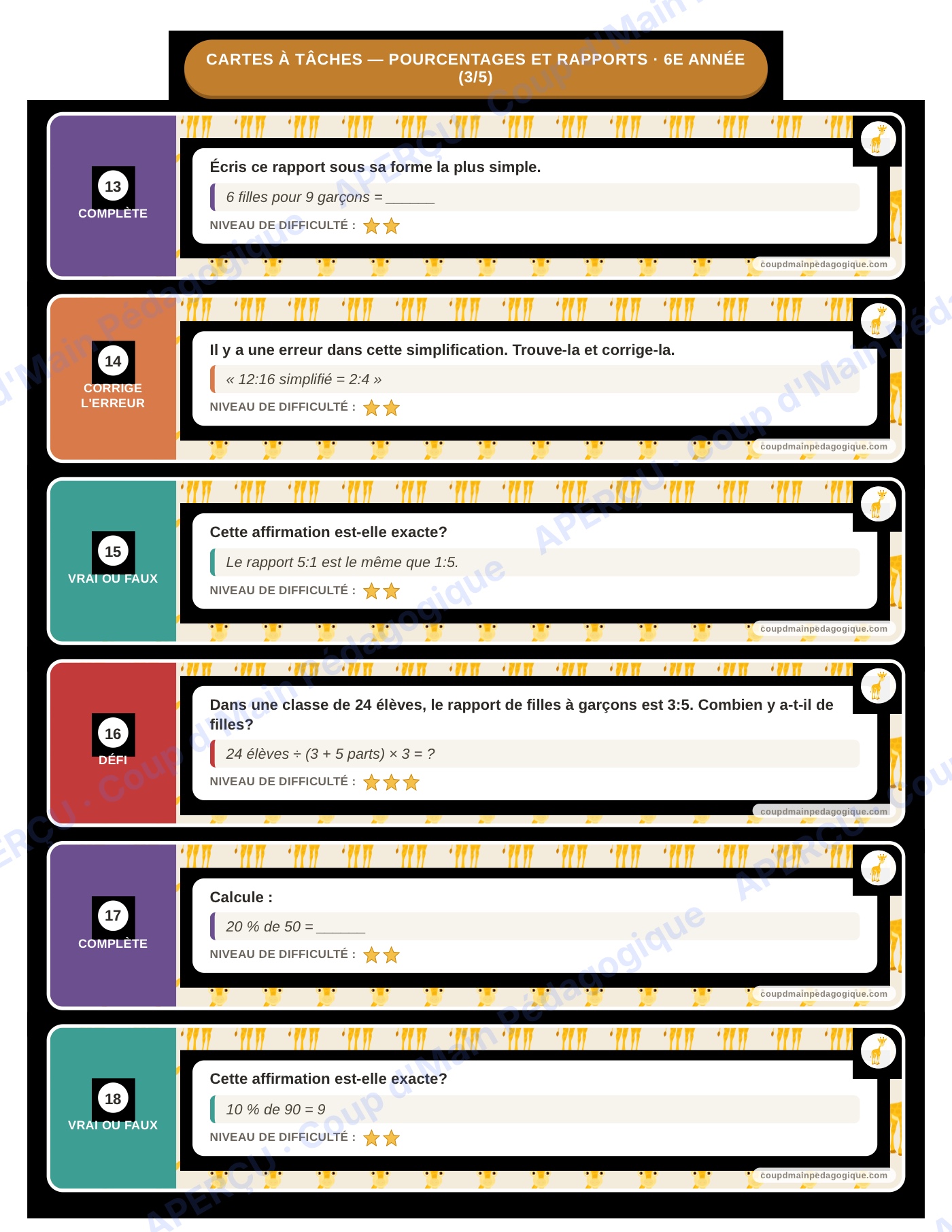 Page 4 — Pourcentages et rapports — 6e, cartes à tâches