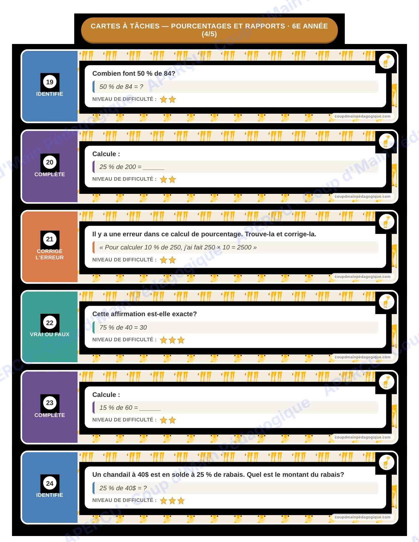 Page 5 — Pourcentages et rapports — 6e, cartes à tâches