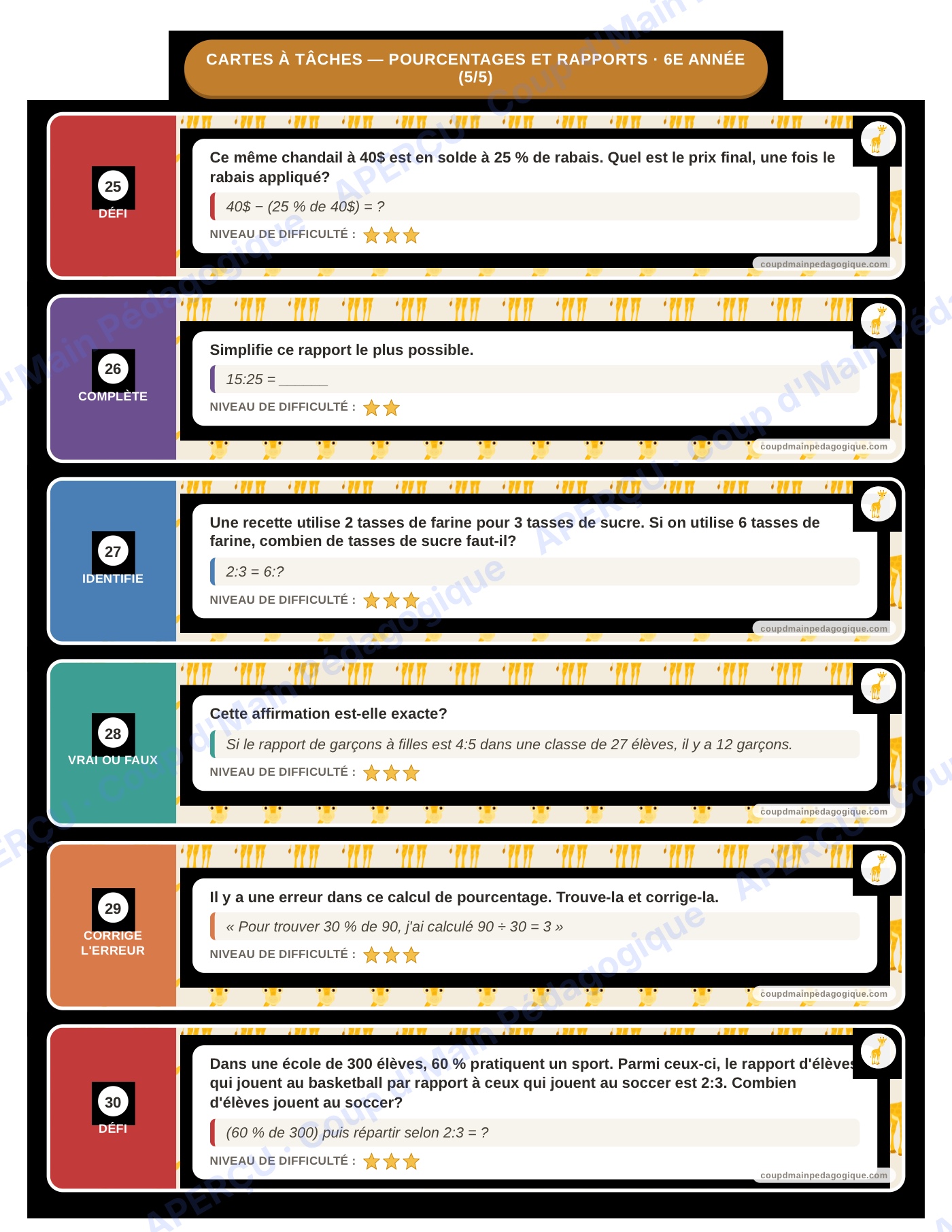 Page 6 — Pourcentages et rapports — 6e, cartes à tâches