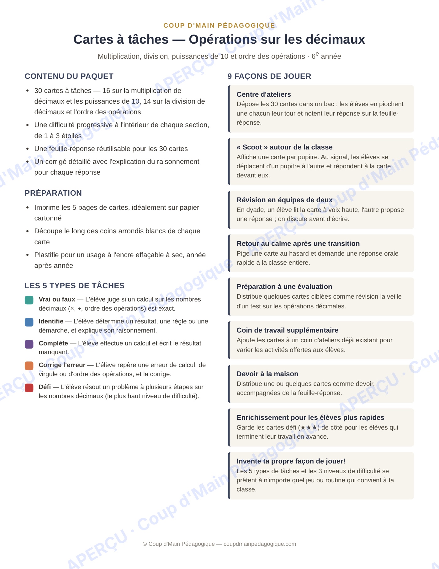 Page 1 — Opérations sur les décimaux — 6e, cartes à tâches