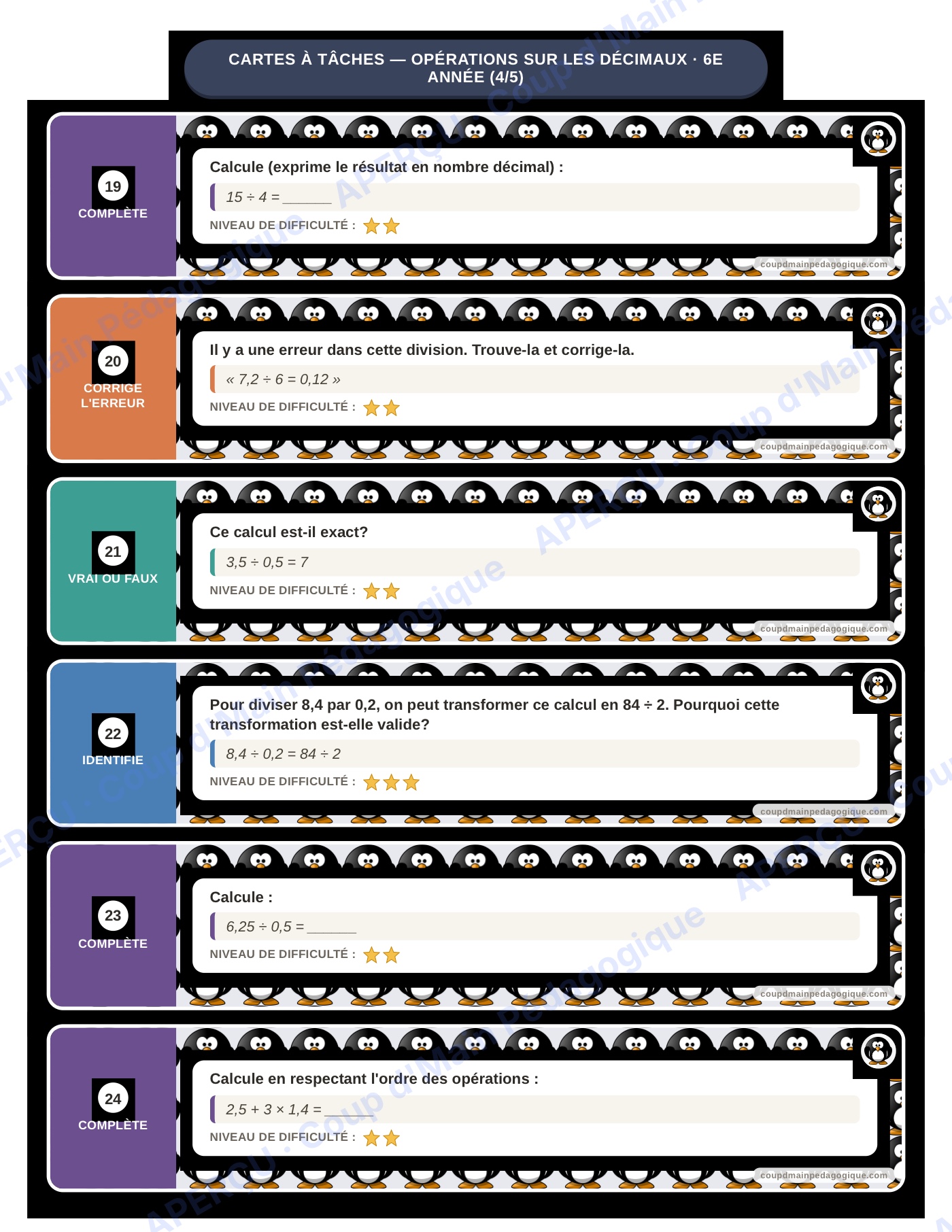 Page 5 — Opérations sur les décimaux — 6e, cartes à tâches
