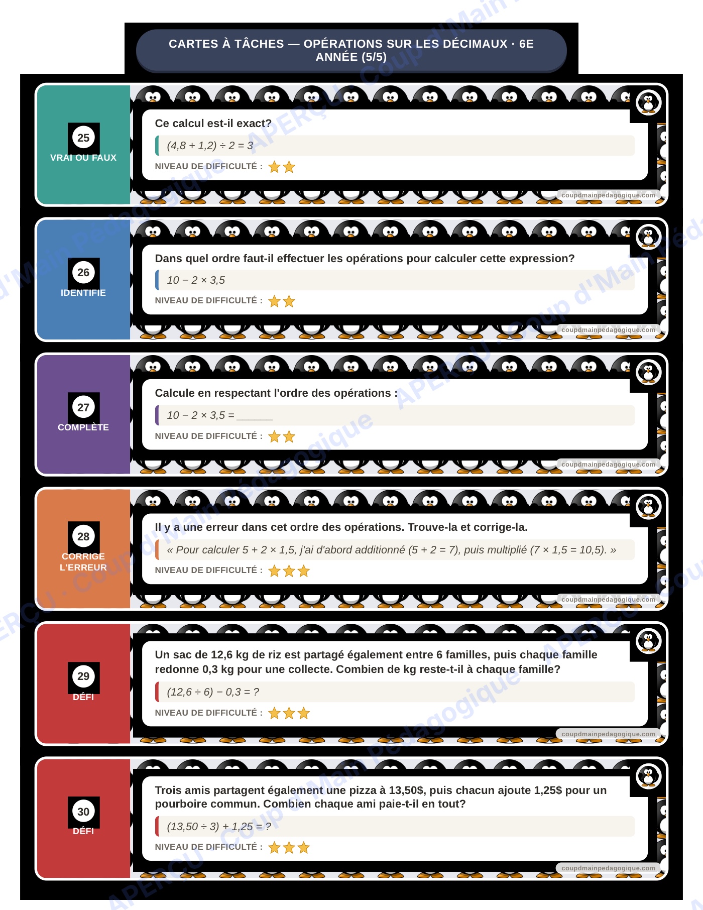 Page 6 — Opérations sur les décimaux — 6e, cartes à tâches