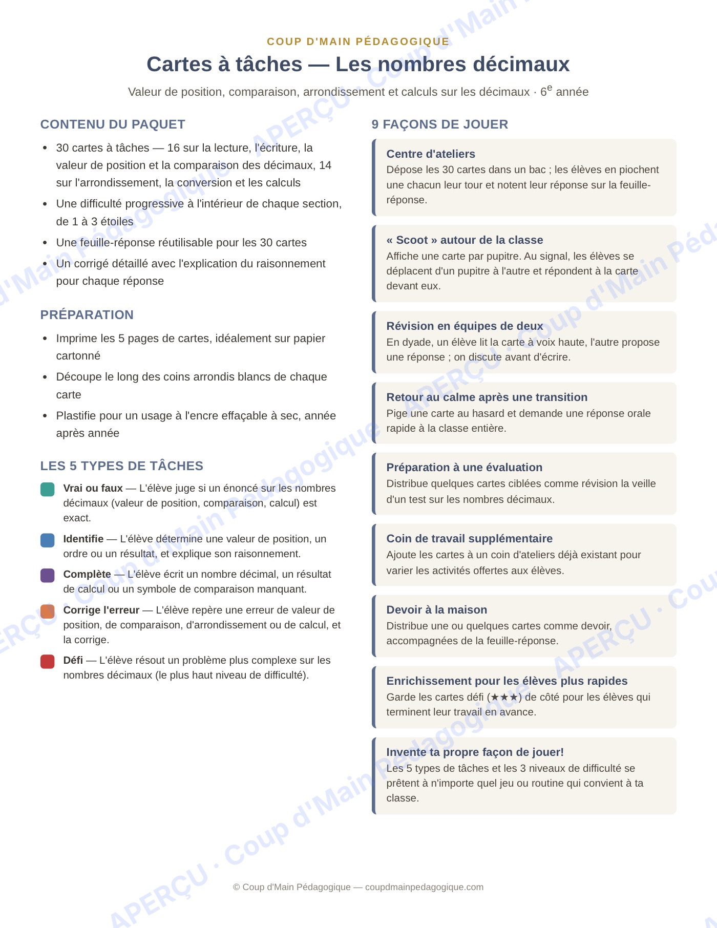 Page 1 — Les nombres décimaux — 6e année, cartes à tâches