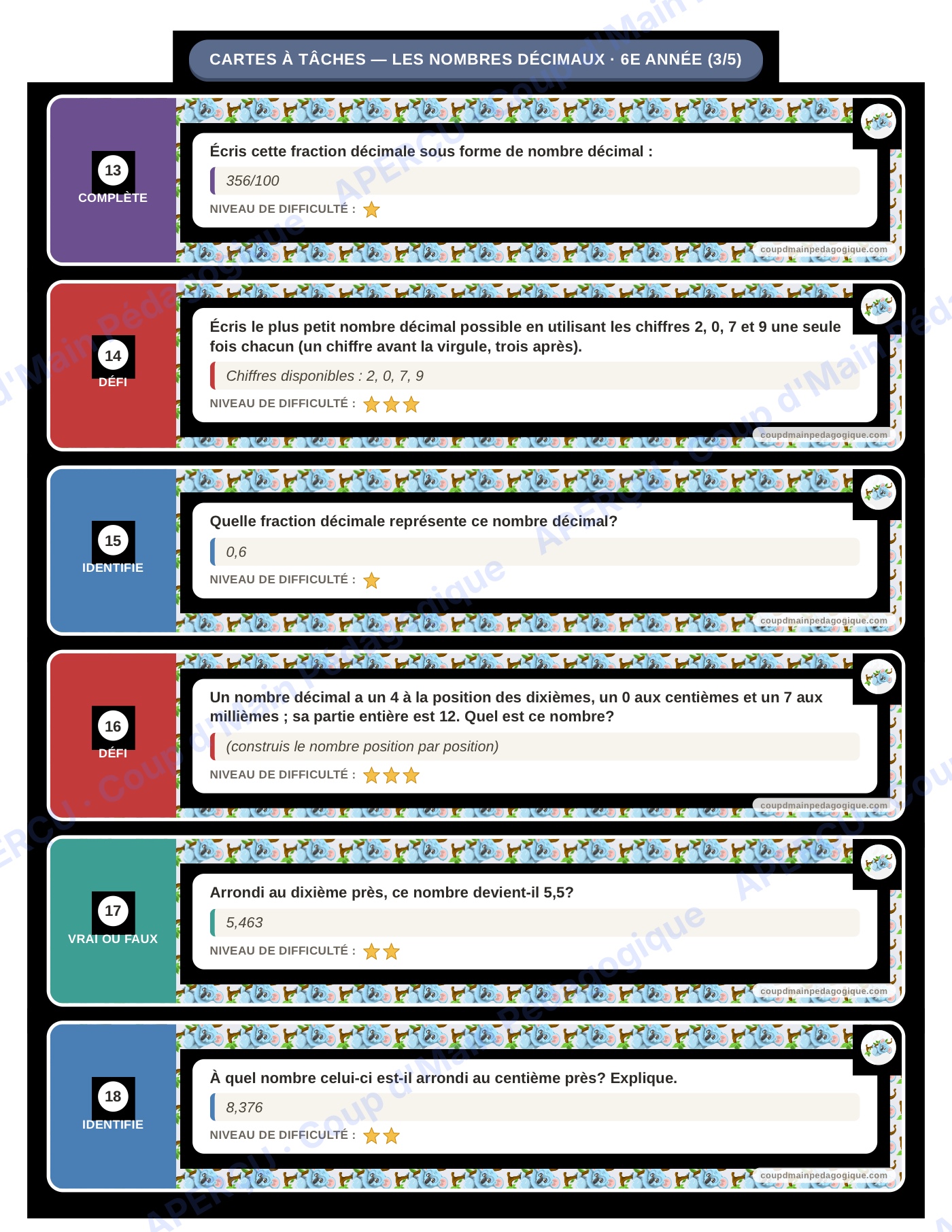 Page 4 — Les nombres décimaux — 6e année, cartes à tâches