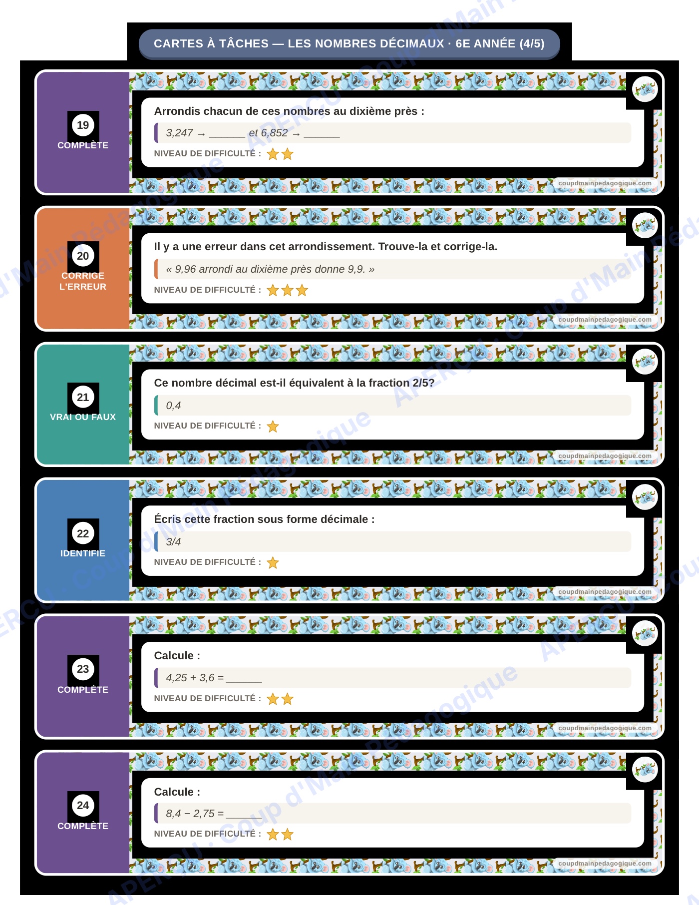 Page 5 — Les nombres décimaux — 6e année, cartes à tâches