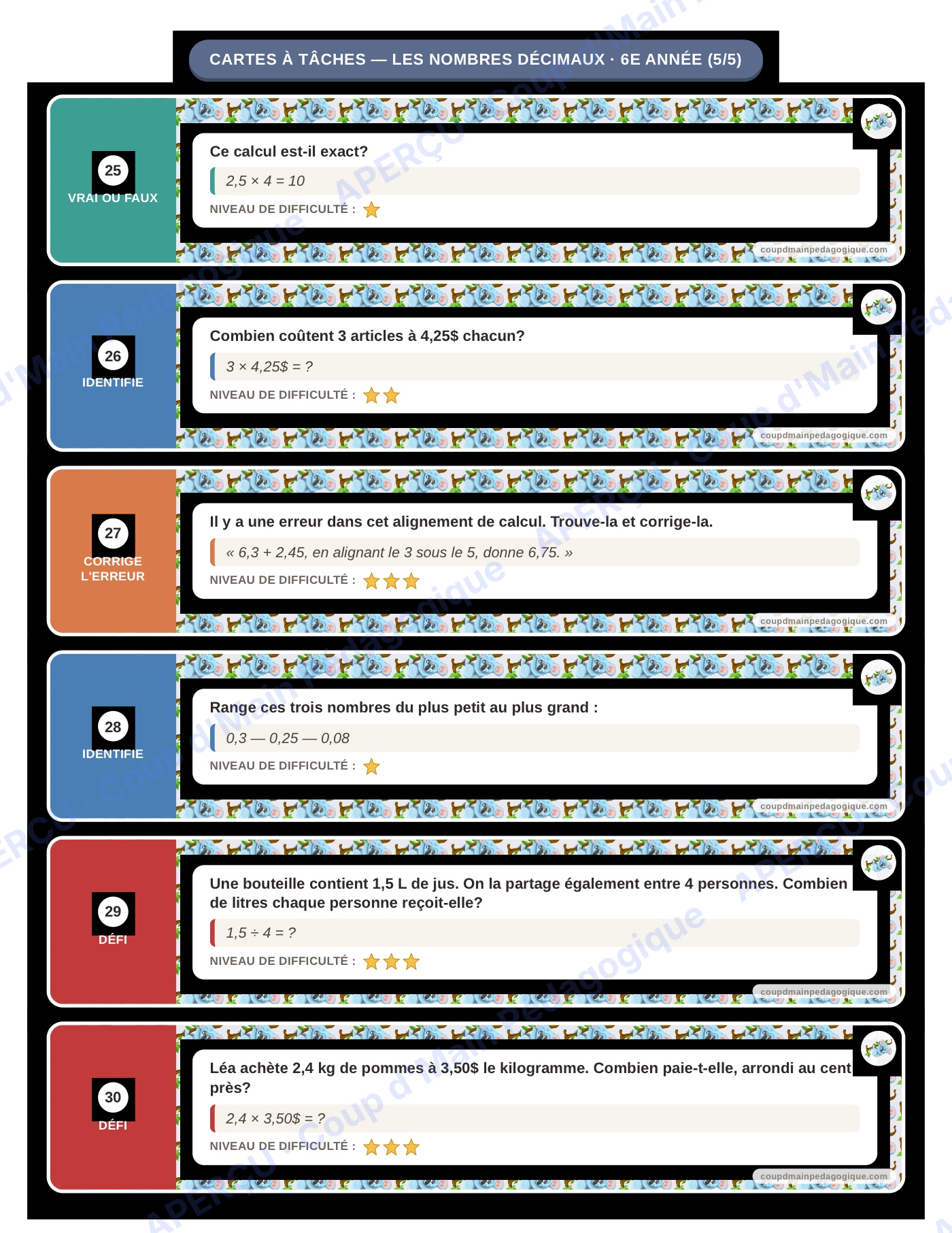 Page 6 — Les nombres décimaux — 6e année, cartes à tâches