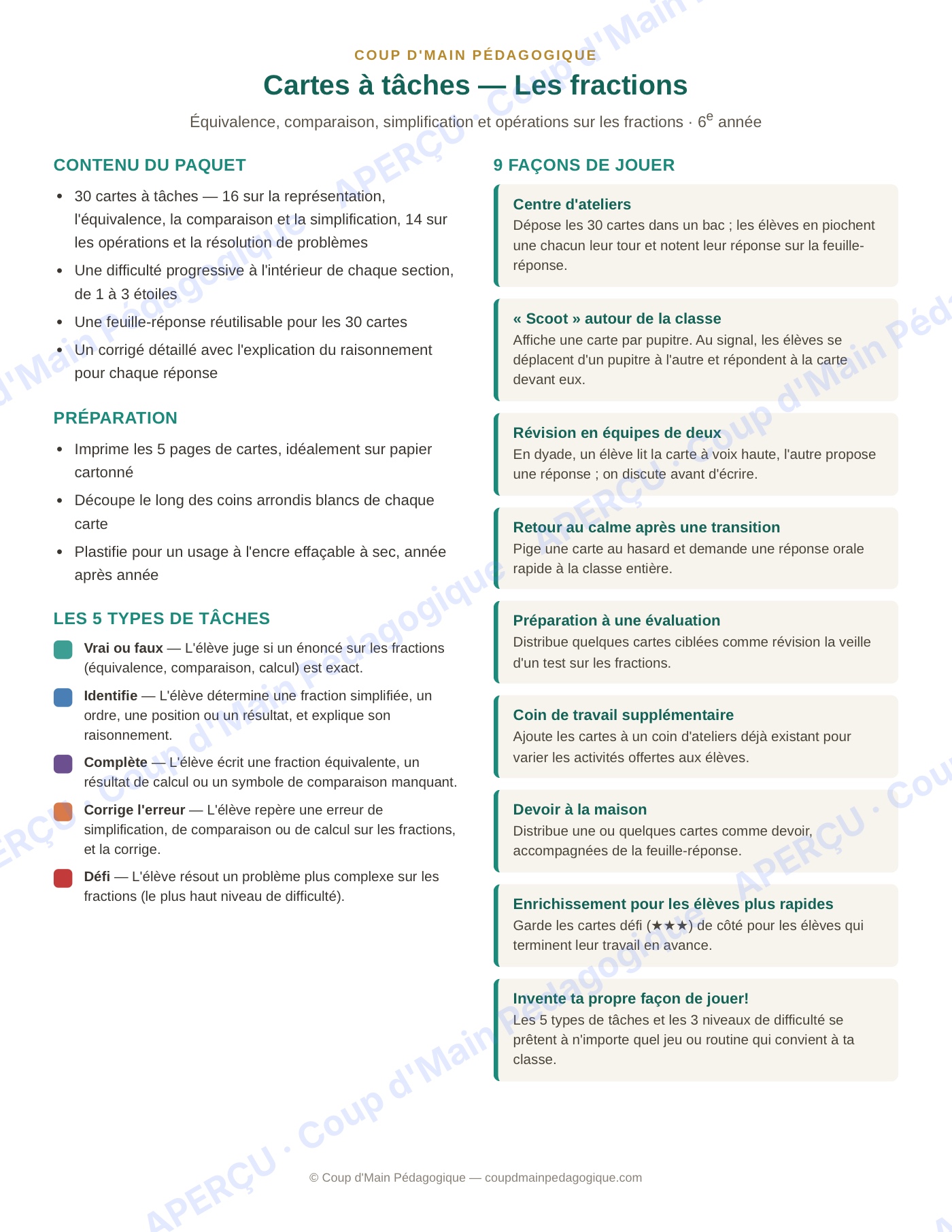 Page 1 — Les fractions — 6e année, cartes à tâches