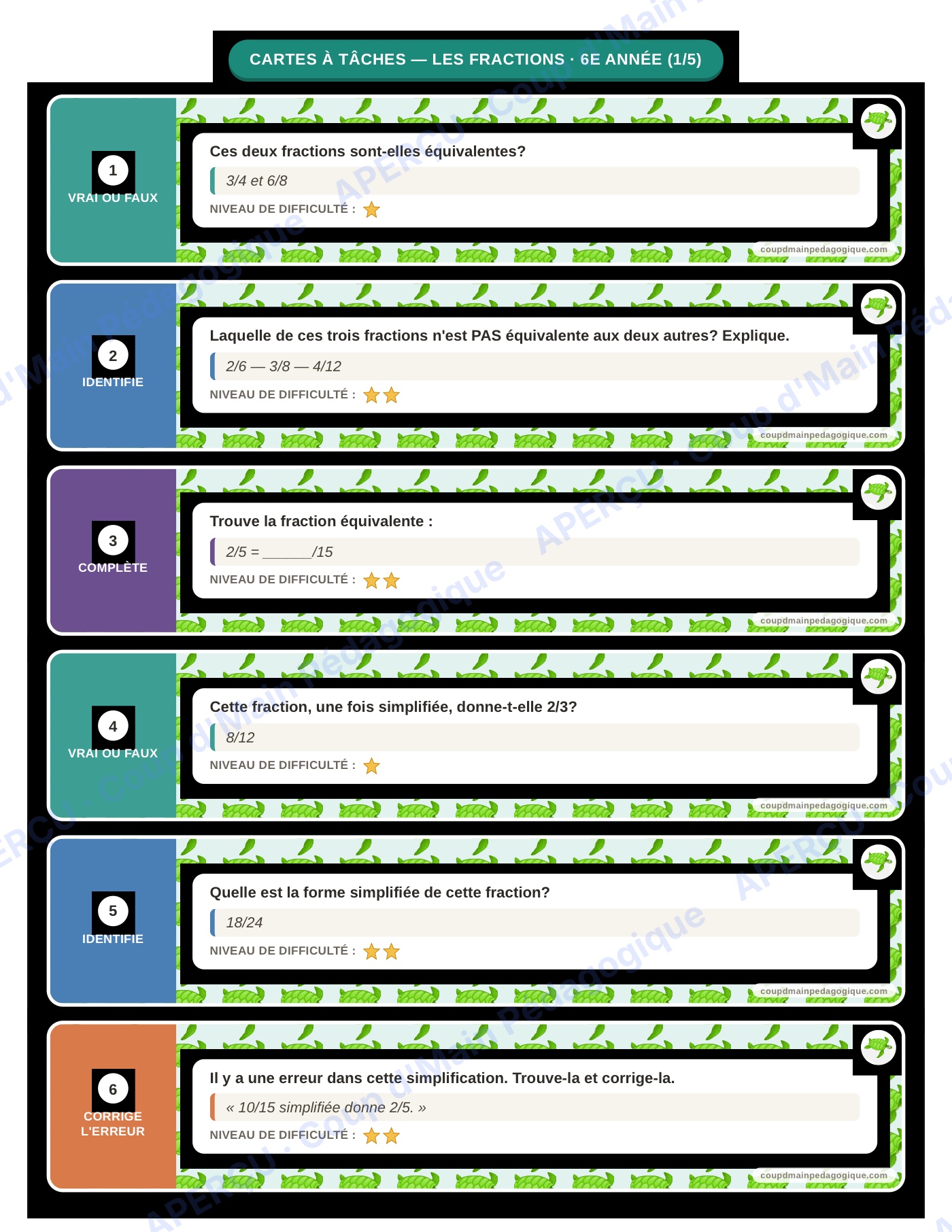 Page 2 — Les fractions — 6e année, cartes à tâches