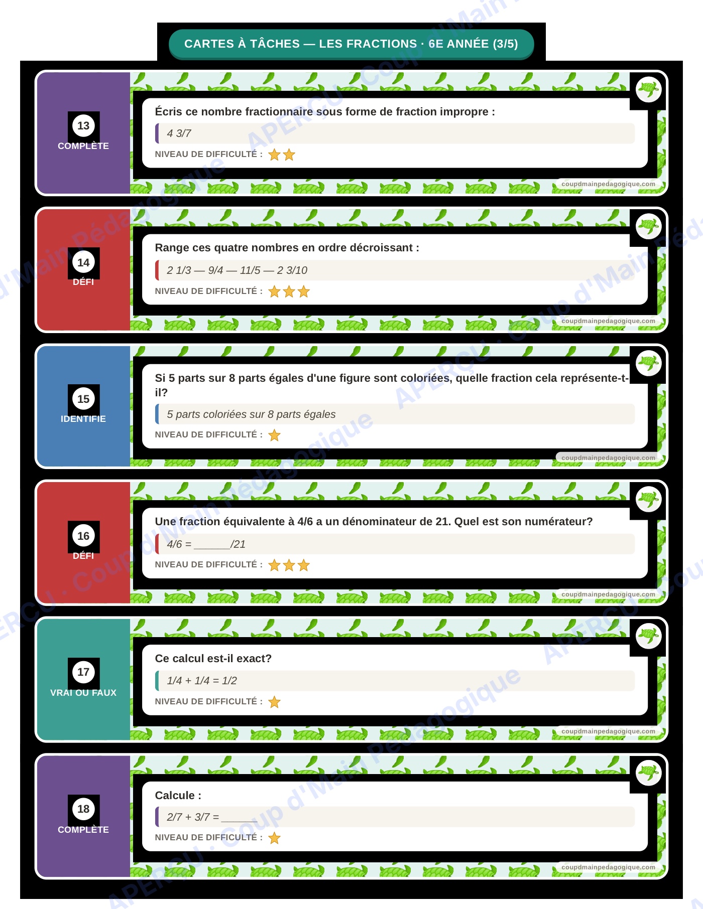 Page 4 — Les fractions — 6e année, cartes à tâches