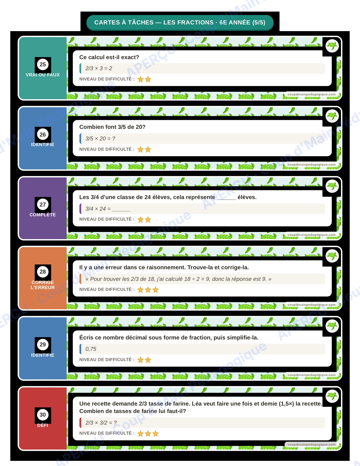 Page 6 — Les fractions — 6e année, cartes à tâches