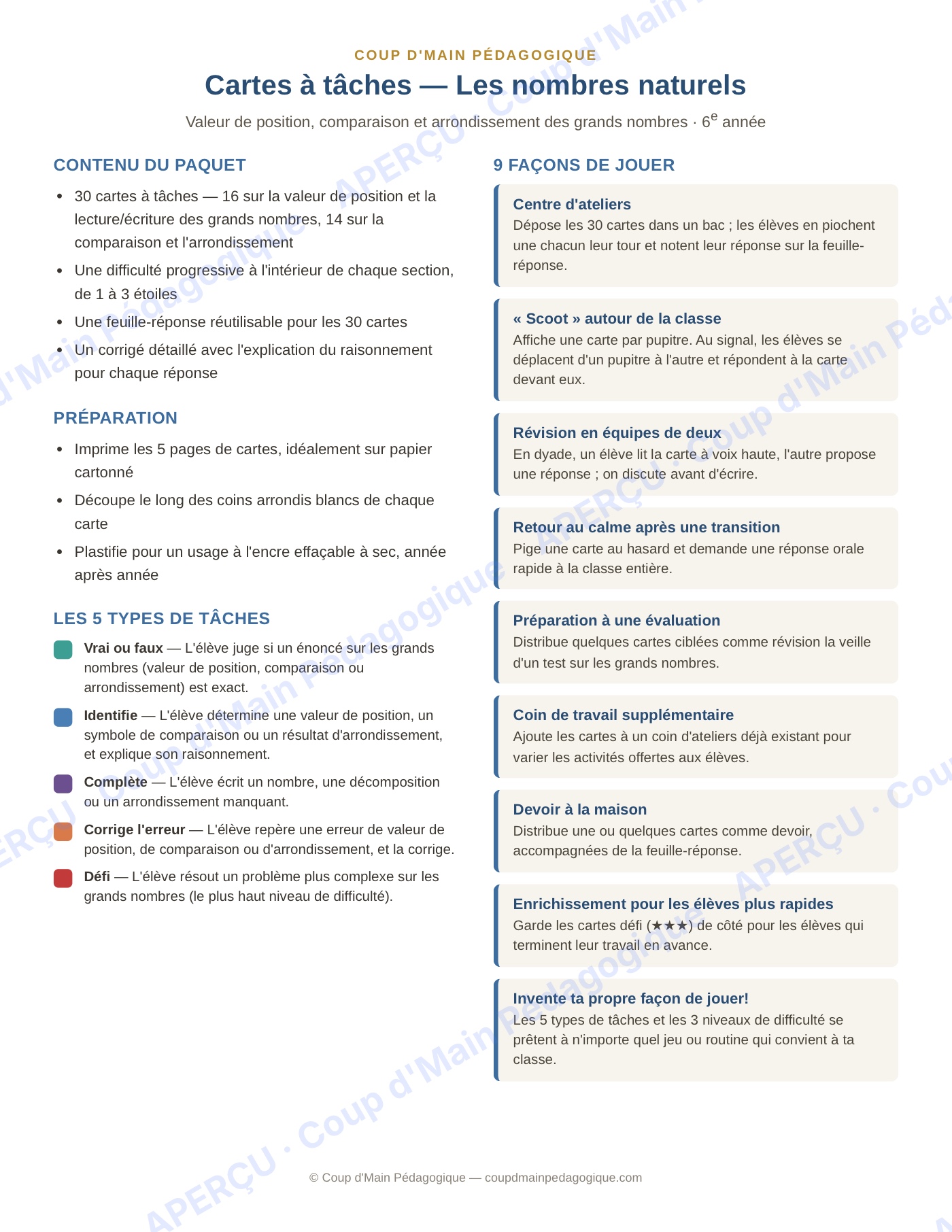 Page 1 — Les nombres naturels — 6e année, cartes à tâches