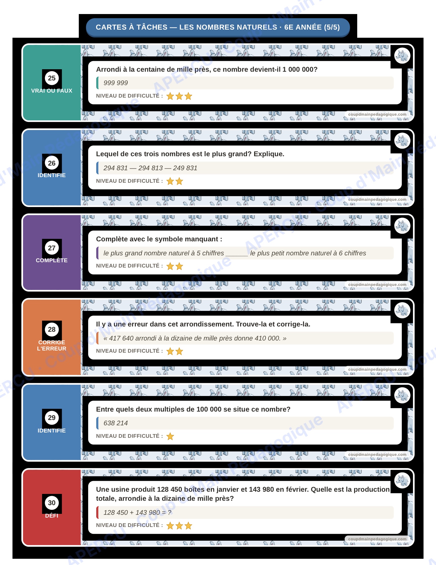Page 6 — Les nombres naturels — 6e année, cartes à tâches