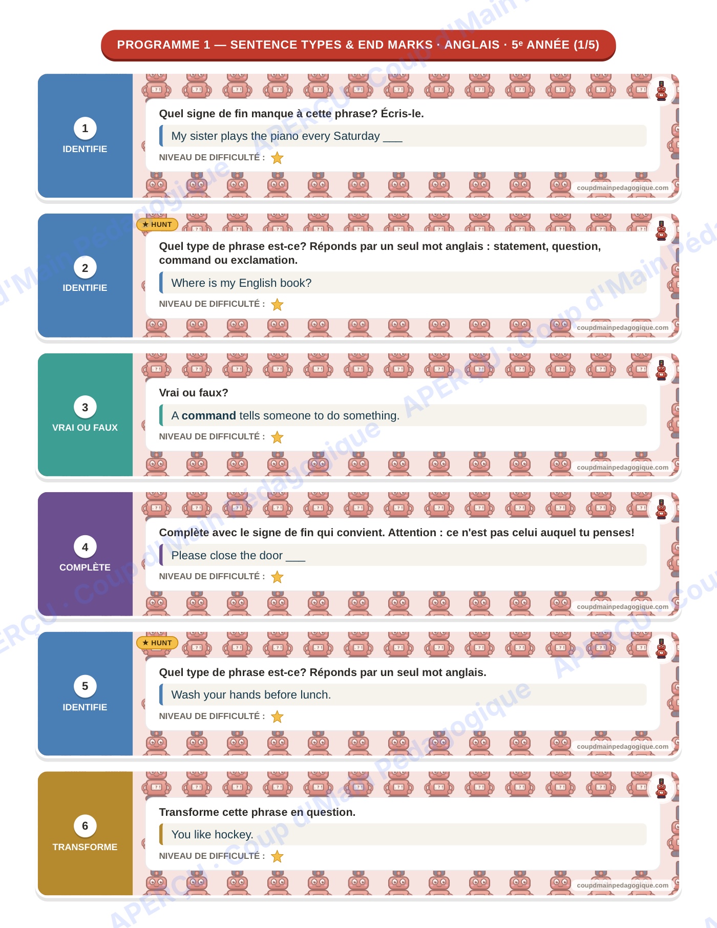Page 6 — Anglais — 5e année, 300 cartes à tâches