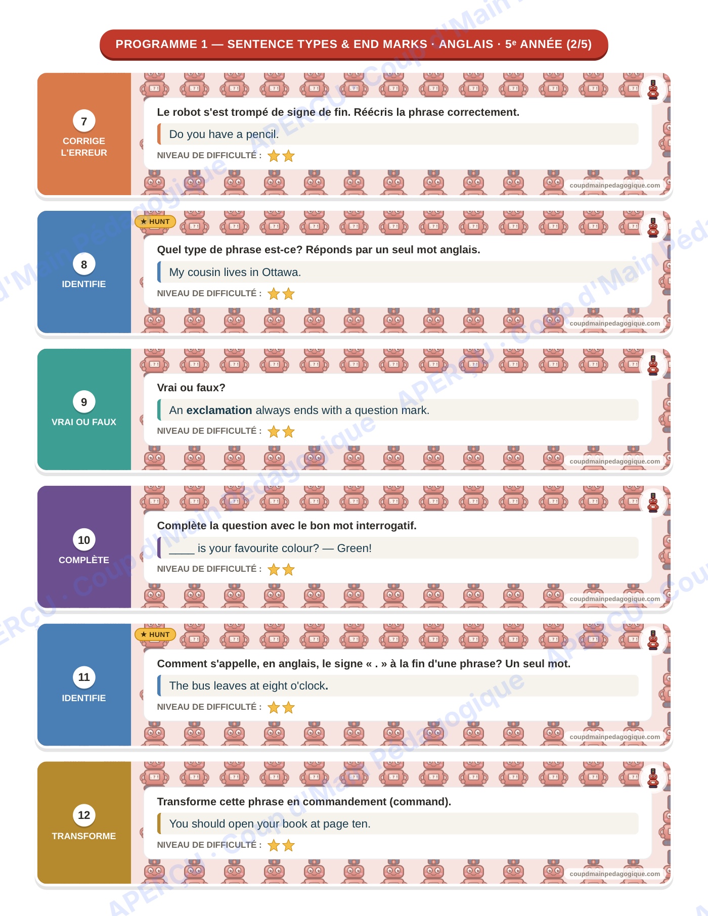 Page 7 — Anglais — 5e année, 300 cartes à tâches