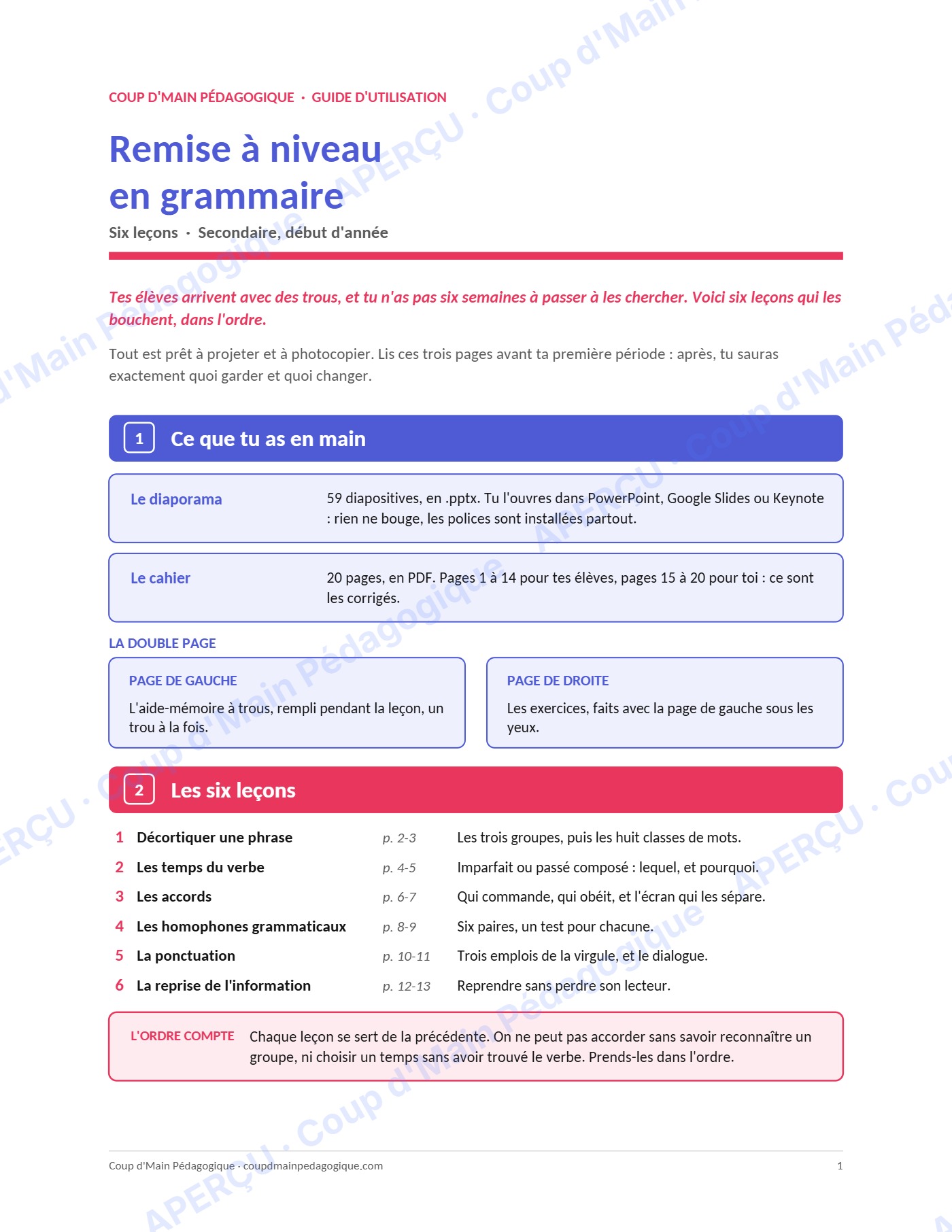 Page 1 — Remise à niveau en grammaire — 6e-8e année