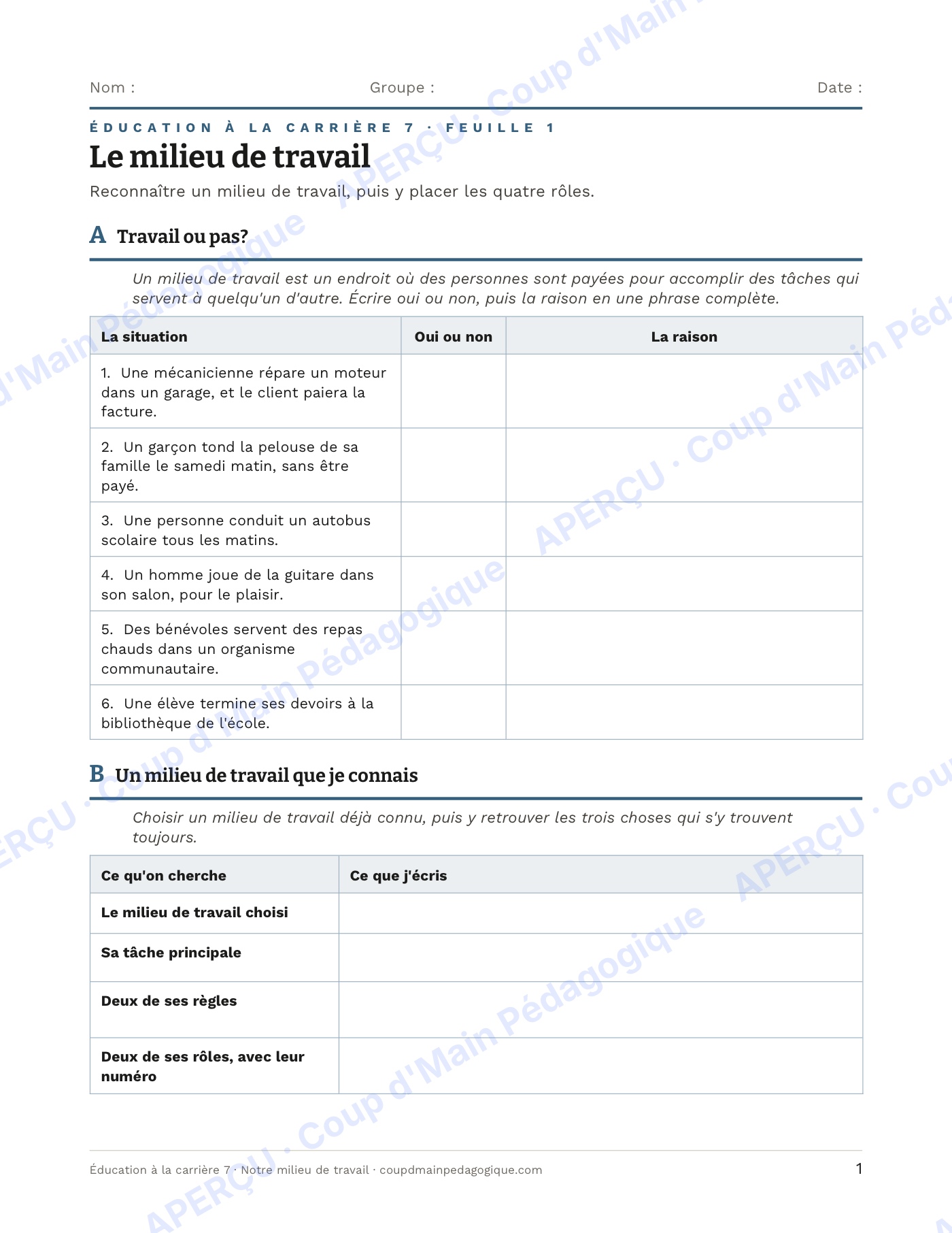 Page 1 — Notre milieu de travail — 7e année, carrières