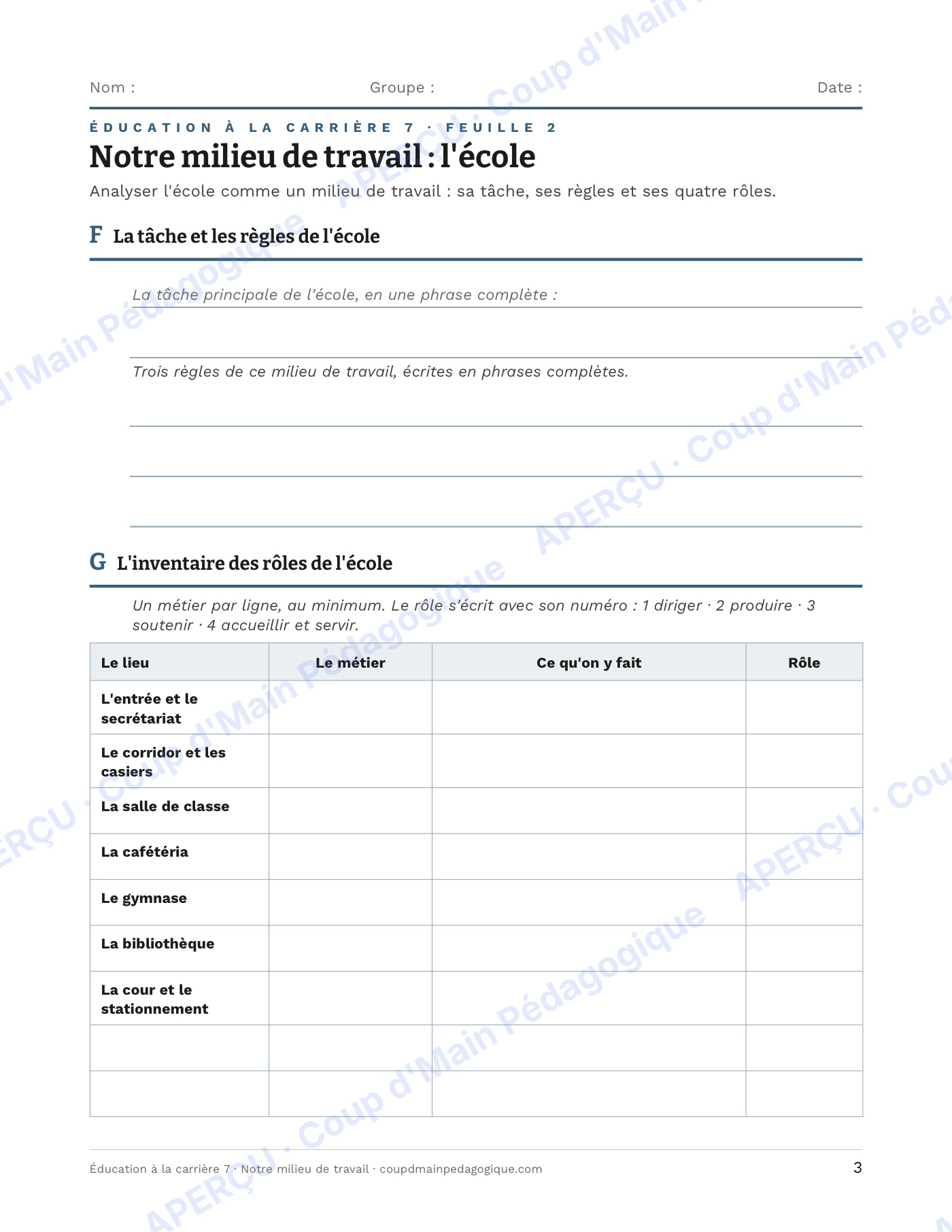 Page 3 — Notre milieu de travail — 7e année, carrières