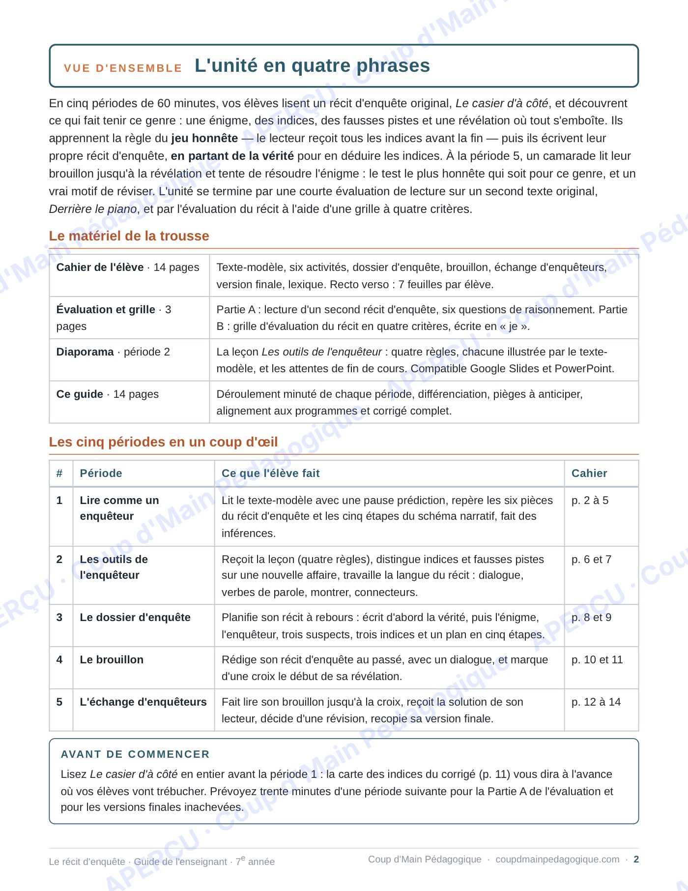 Page 2 — Le récit d'enquête — 7e année, unité complète