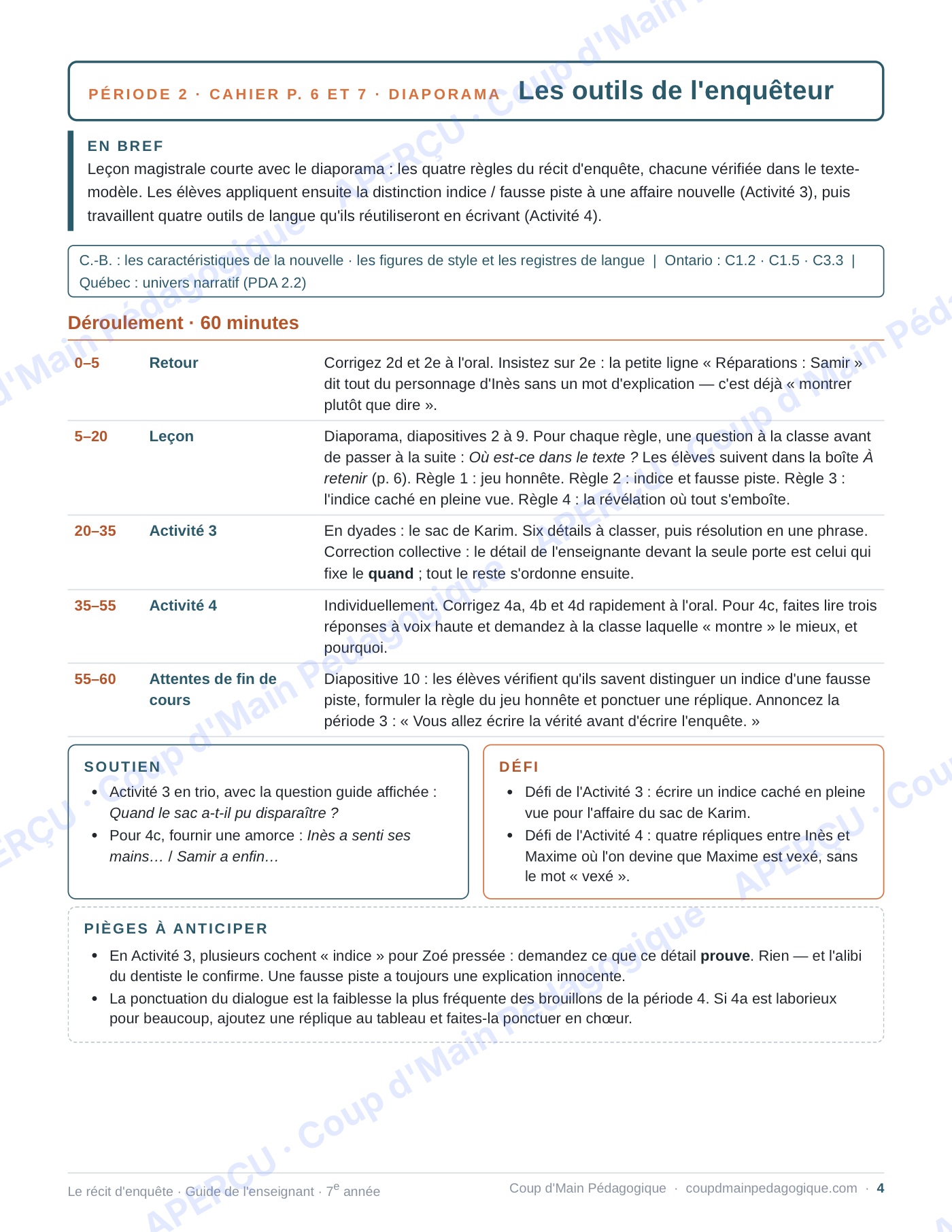Page 4 — Le récit d'enquête — 7e année, unité complète