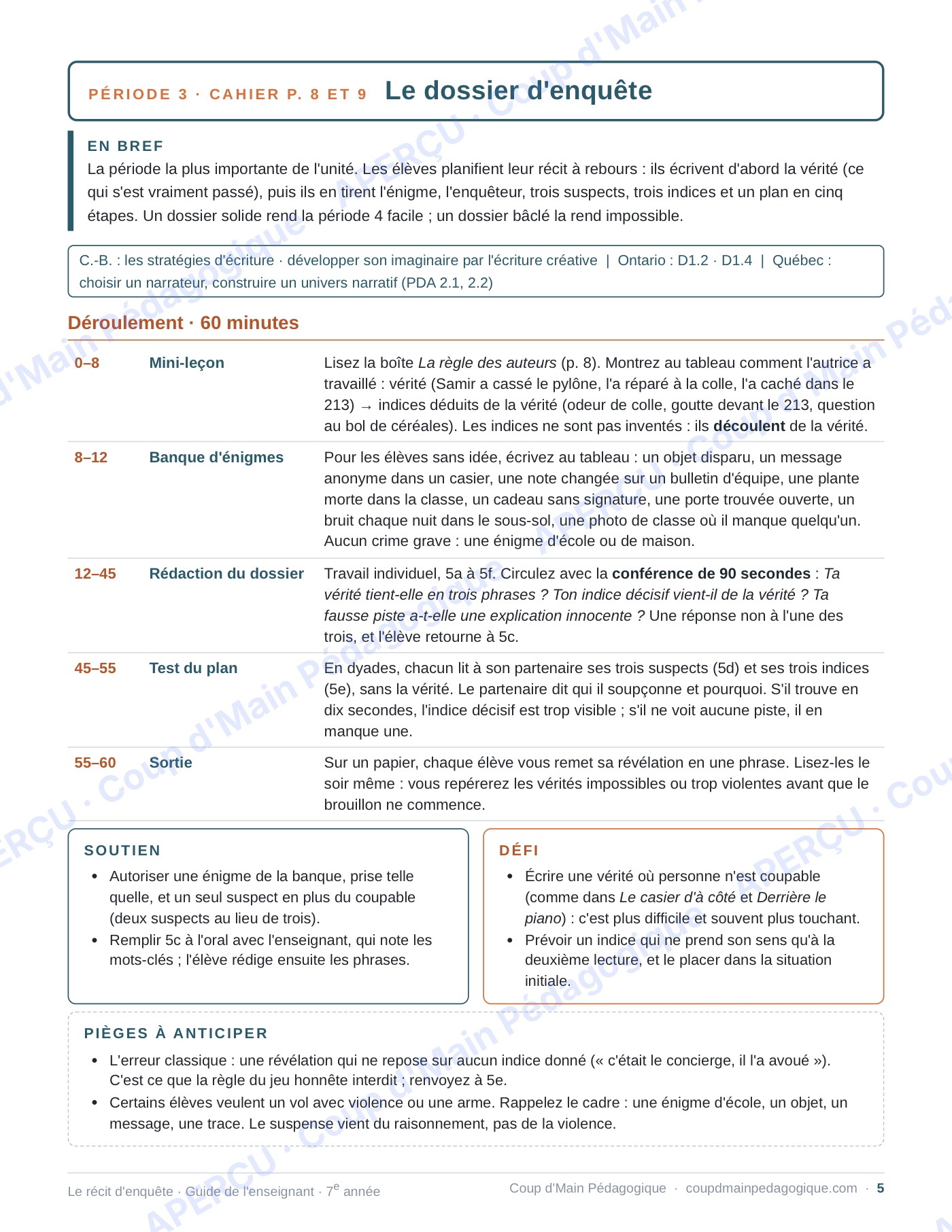 Page 5 — Le récit d'enquête — 7e année, unité complète
