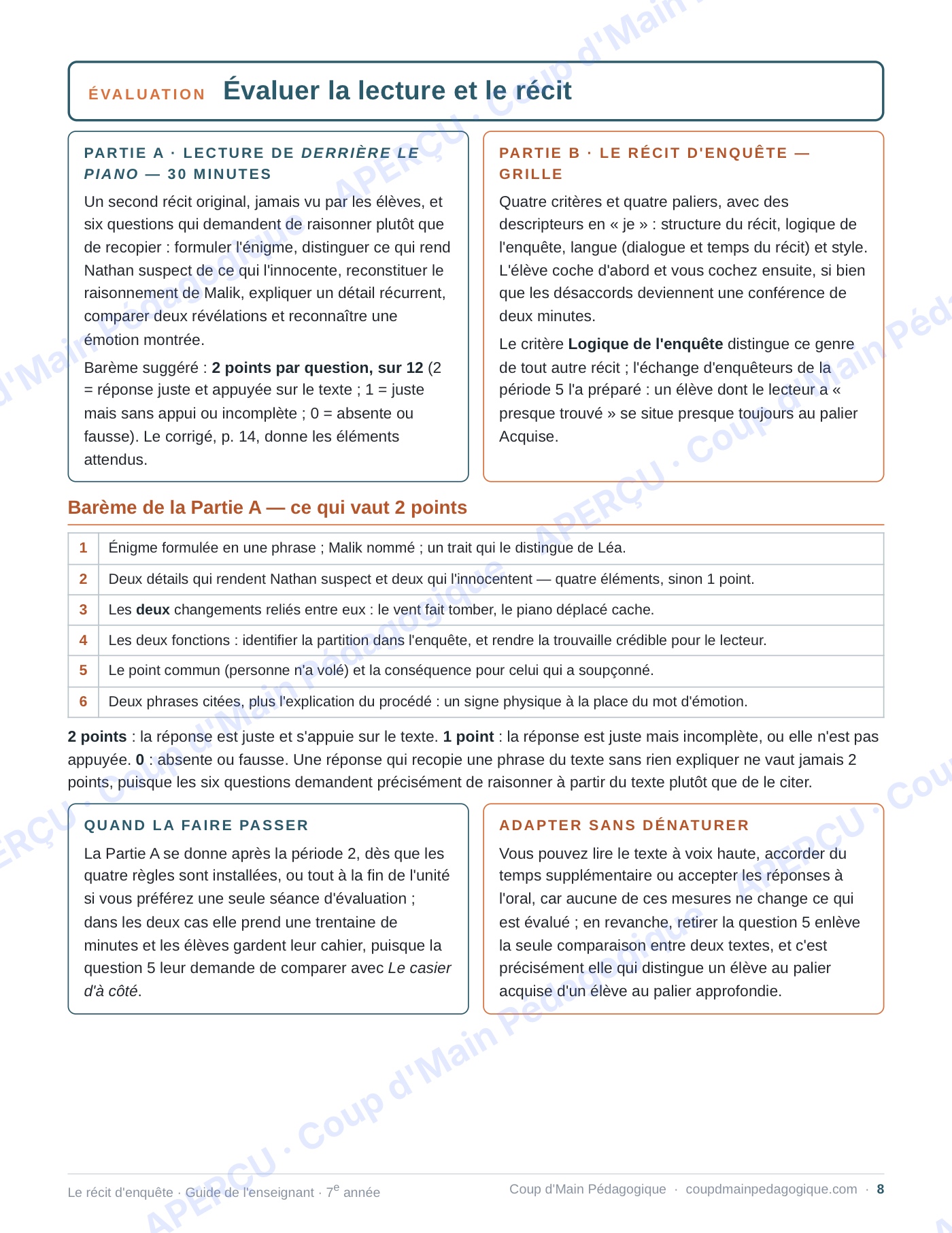 Page 8 — Le récit d'enquête — 7e année, unité complète
