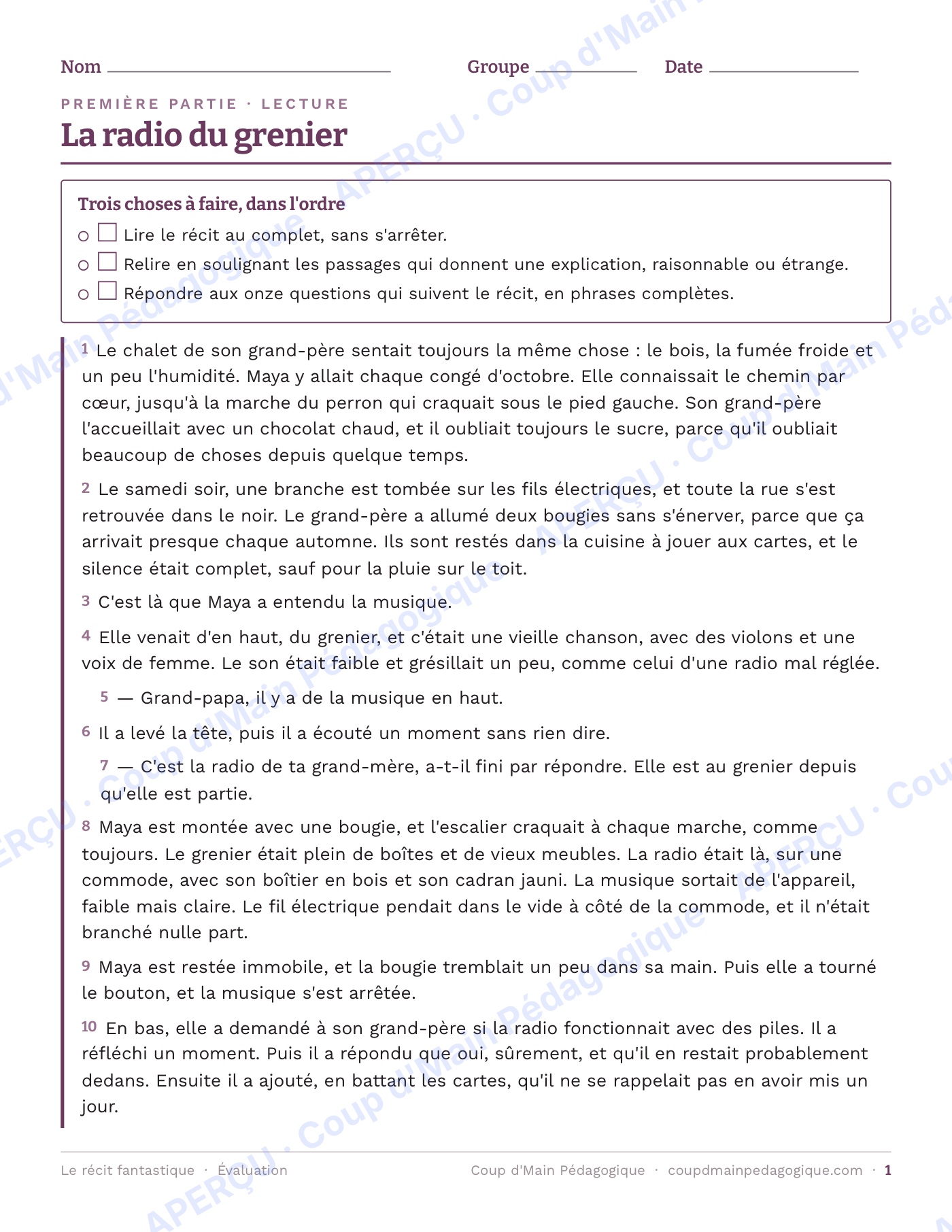 Page 1 — Le récit fantastique — 5e année, unité complète