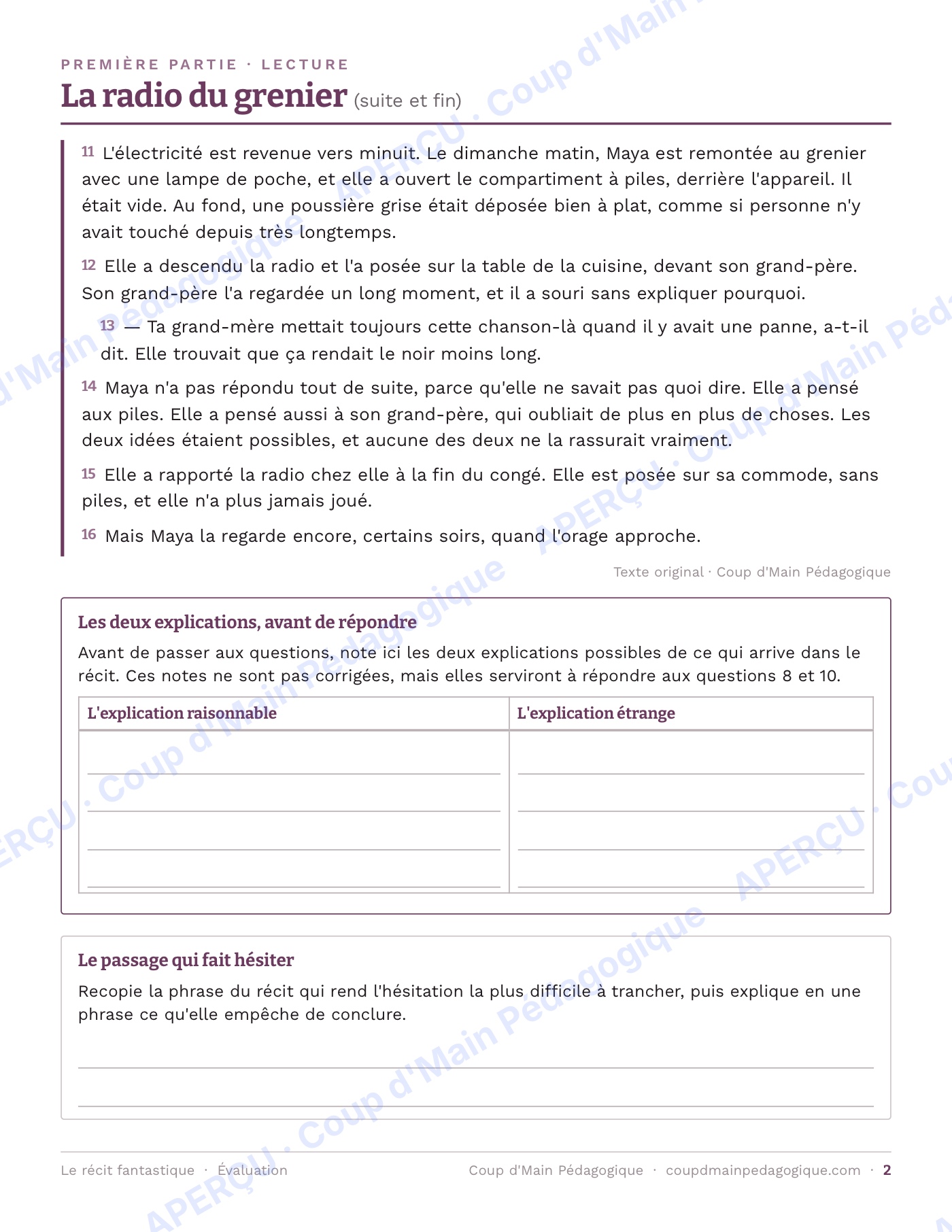 Page 2 — Le récit fantastique — 5e année, unité complète