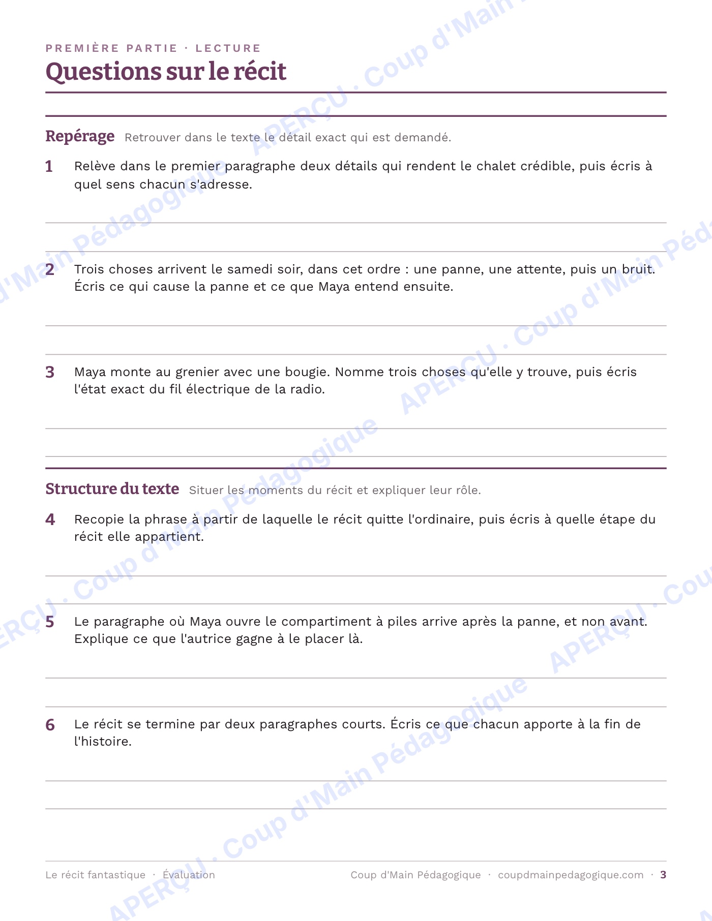Page 3 — Le récit fantastique — 5e année, unité complète