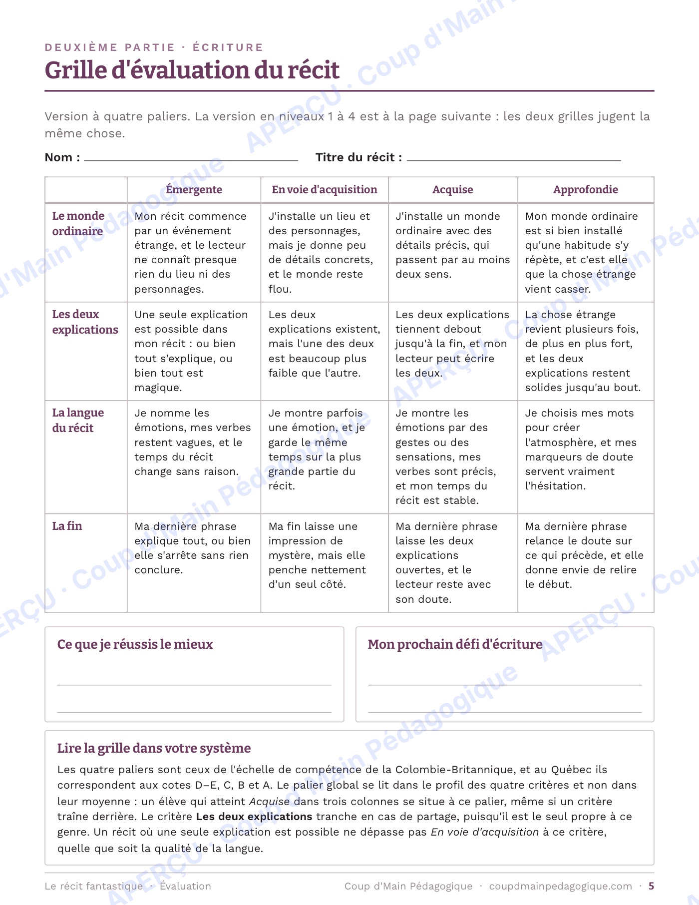 Page 5 — Le récit fantastique — 5e année, unité complète