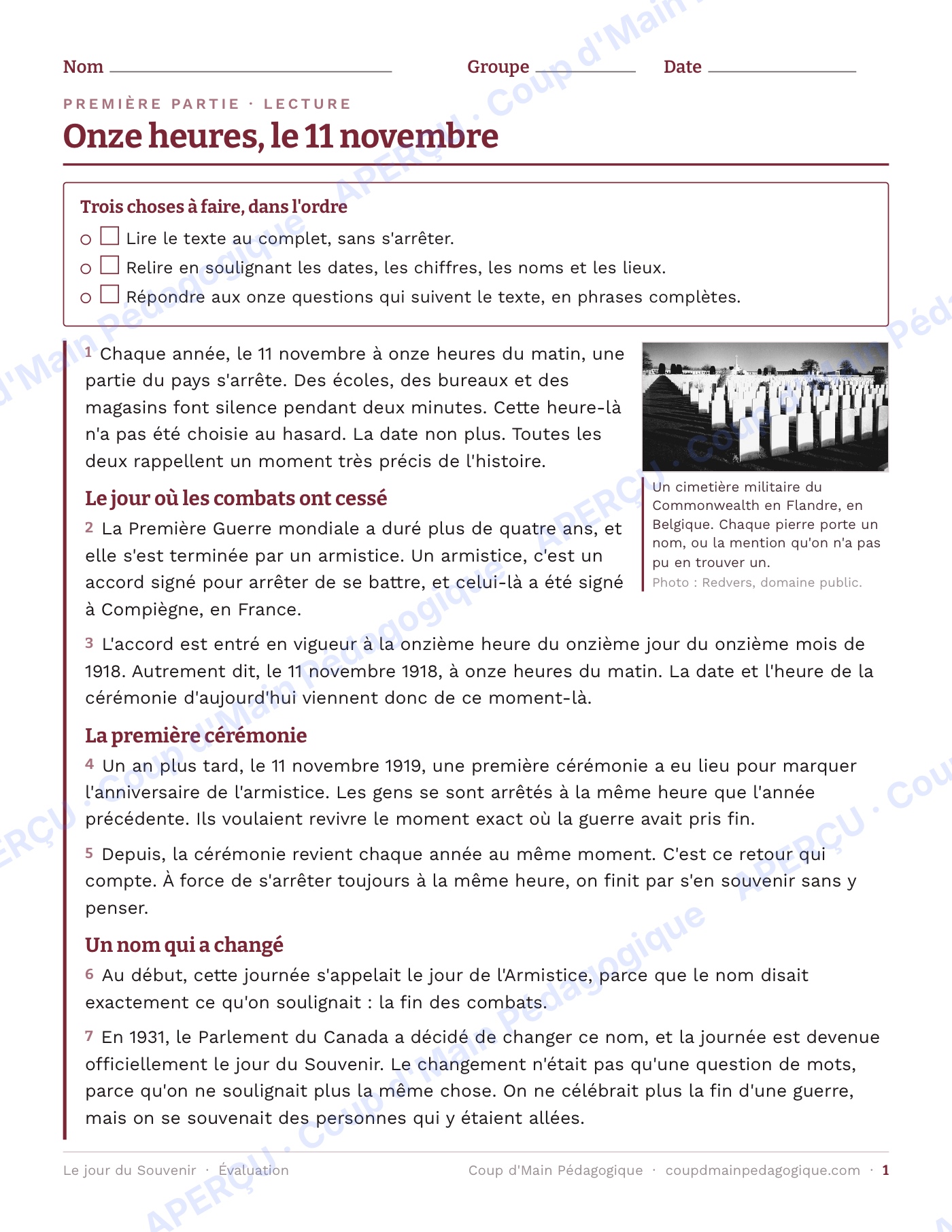 Page 1 — Le jour du Souvenir — 5e-6e, texte informatif