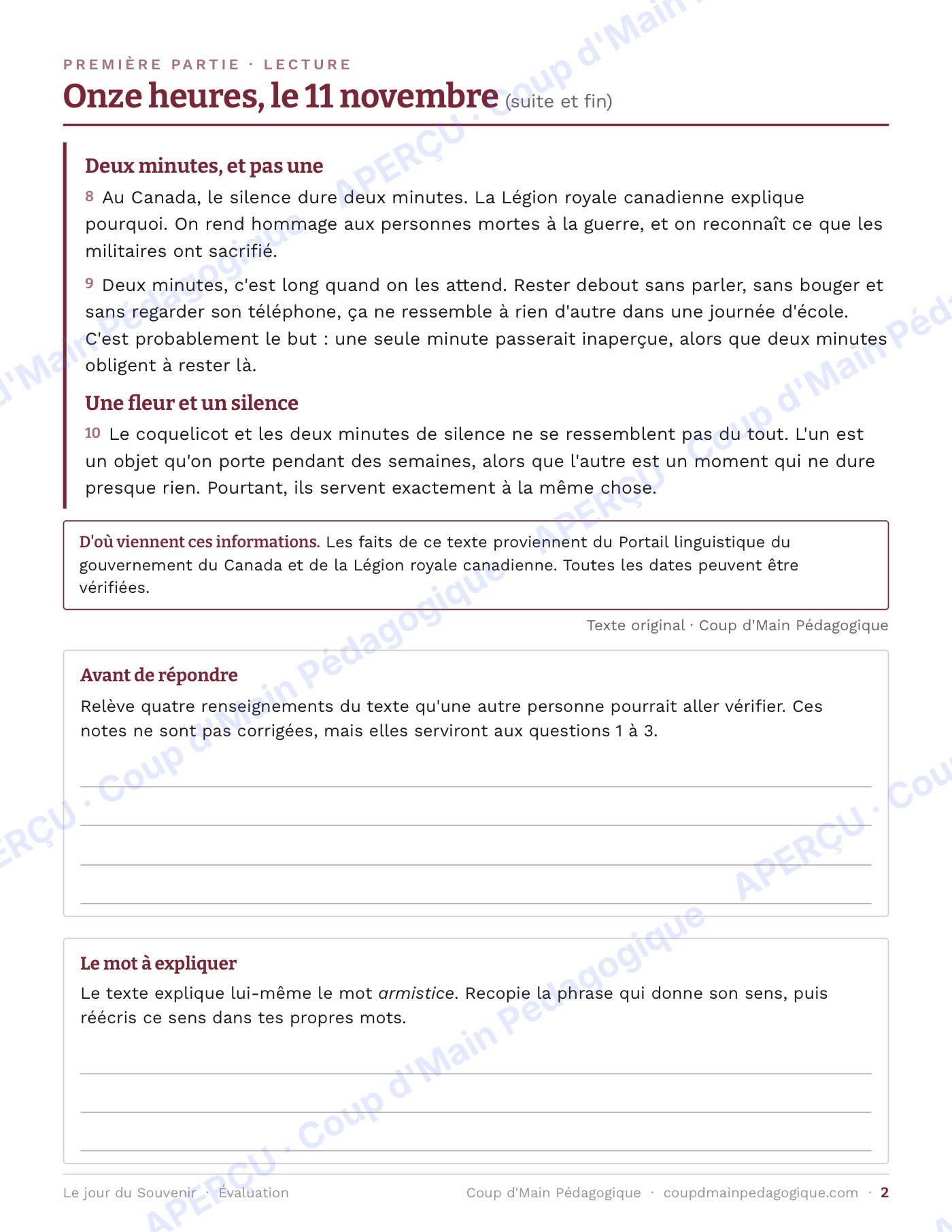 Page 2 — Le jour du Souvenir — 5e-6e, texte informatif