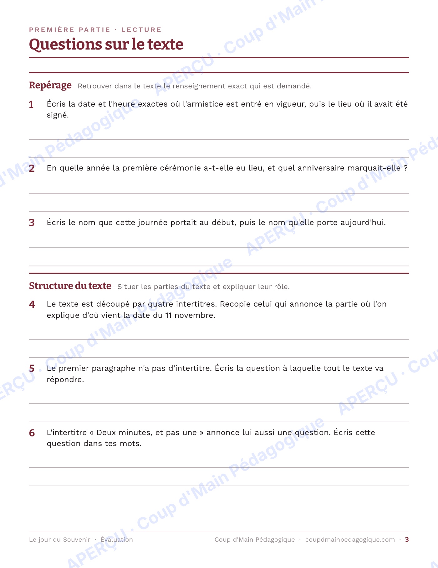 Page 3 — Le jour du Souvenir — 5e-6e, texte informatif