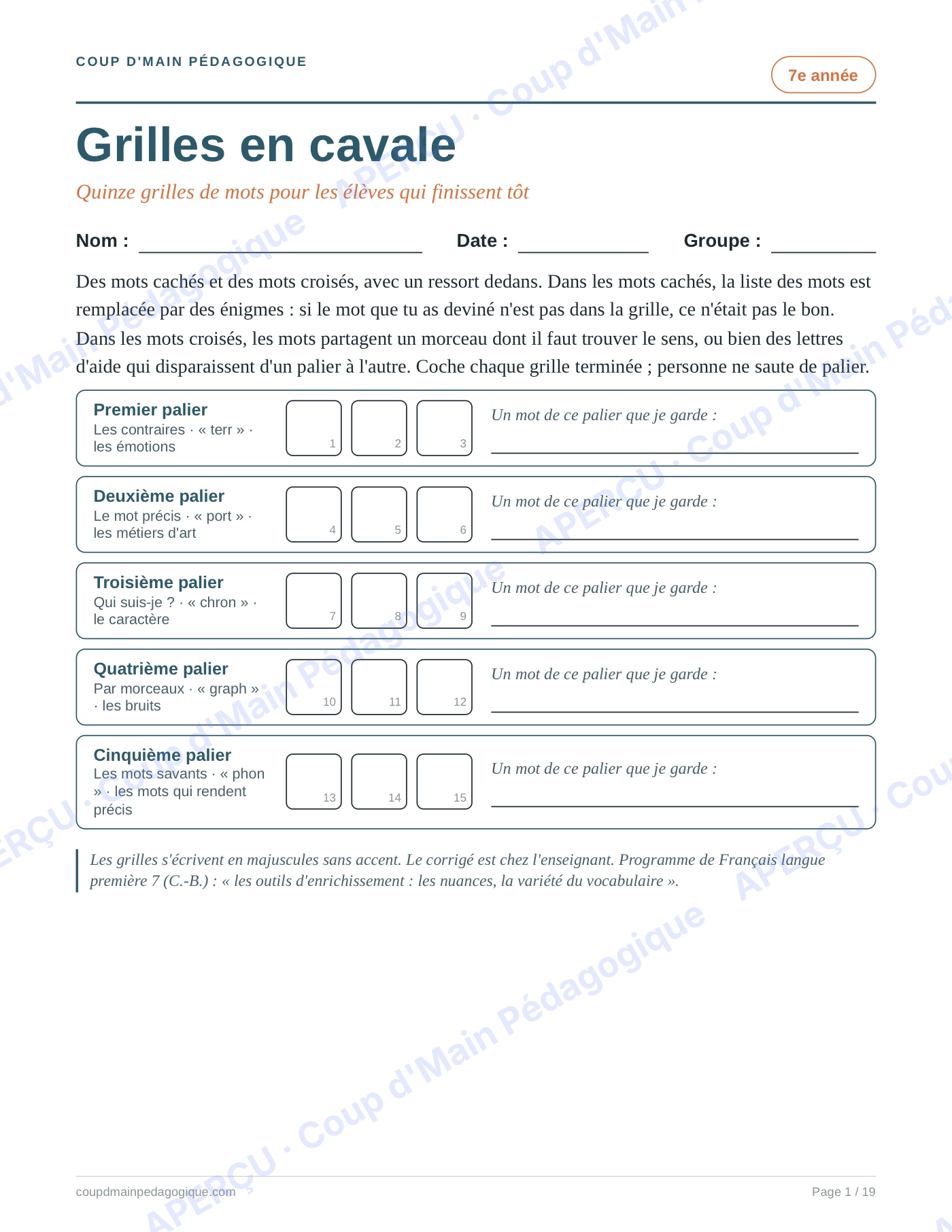 Page 1 — Enrichissement du vocabulaire — 5e-8e, 15 grilles
