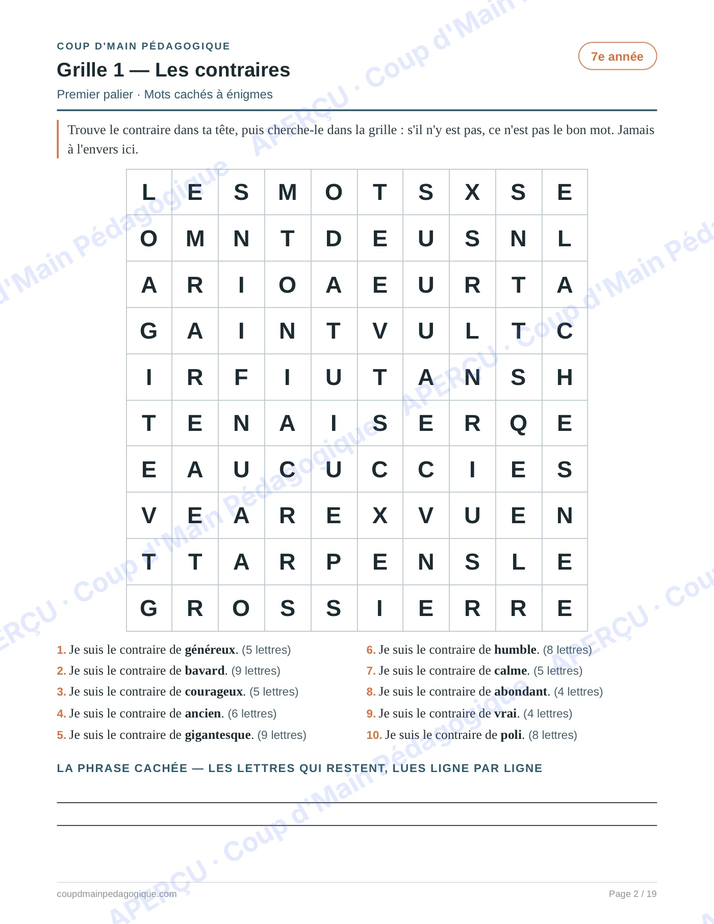 Page 2 — Enrichissement du vocabulaire — 5e-8e, 15 grilles