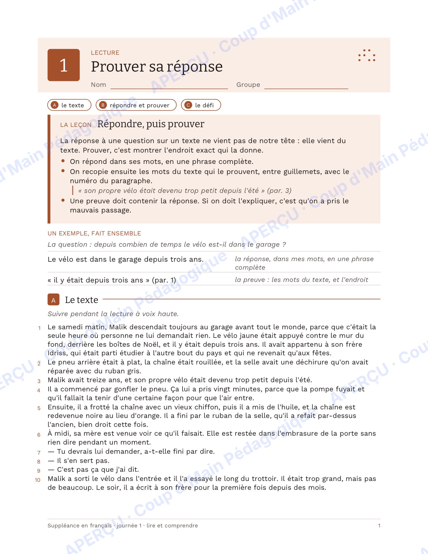 Page 1 — Suppléance en français — 6e-8e année, 5 journées