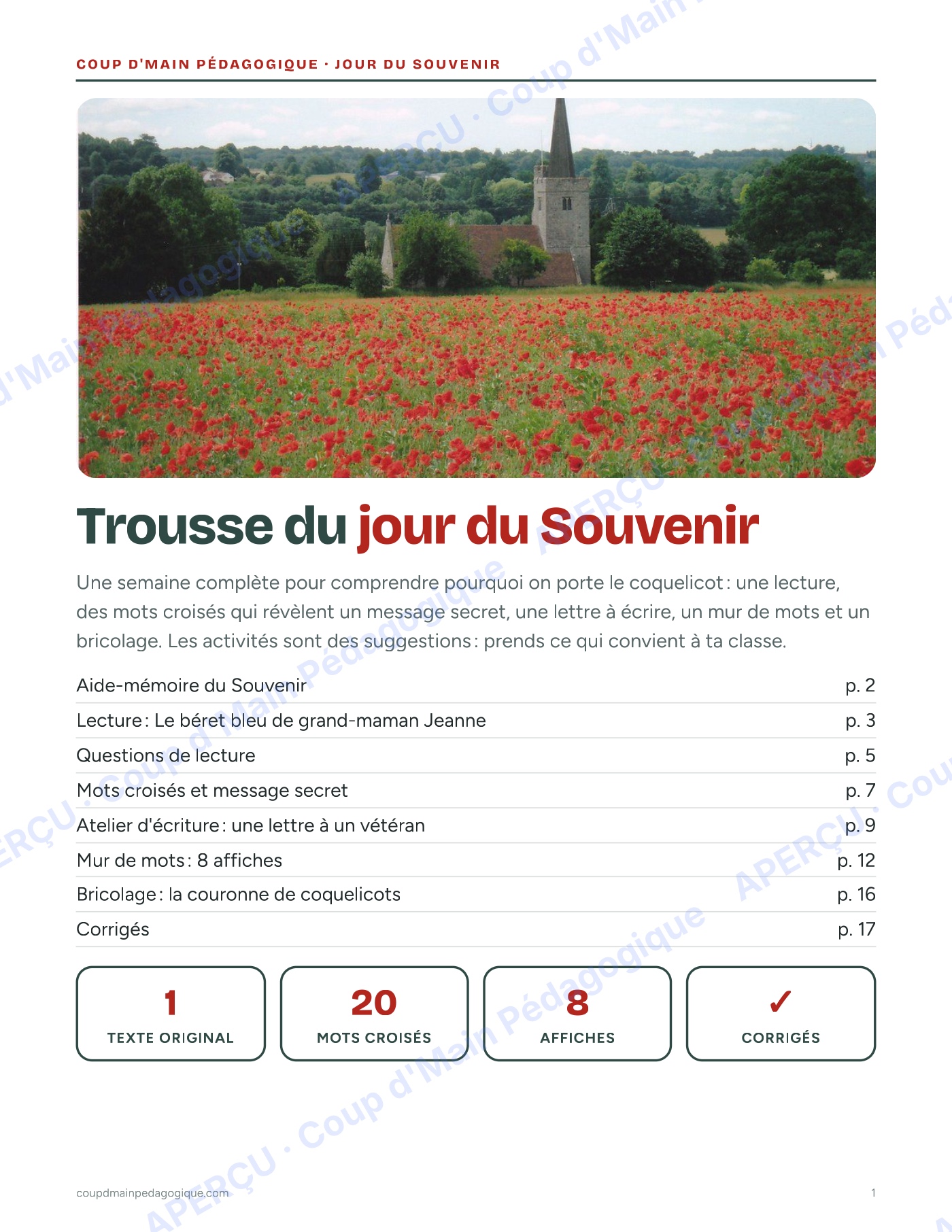 Page 1 — Le jour du Souvenir — 4e-9e année, trousse