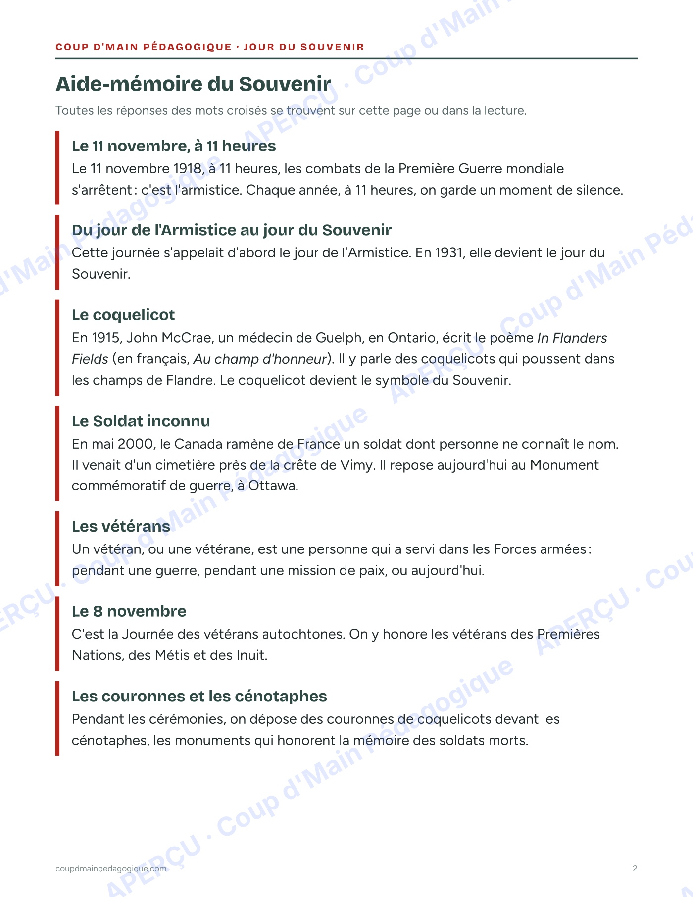 Page 2 — Le jour du Souvenir — 4e-9e année, trousse