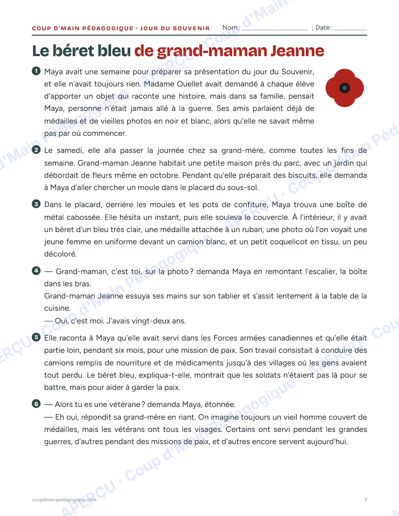 Page 3 — Le jour du Souvenir — 4e-9e année, trousse