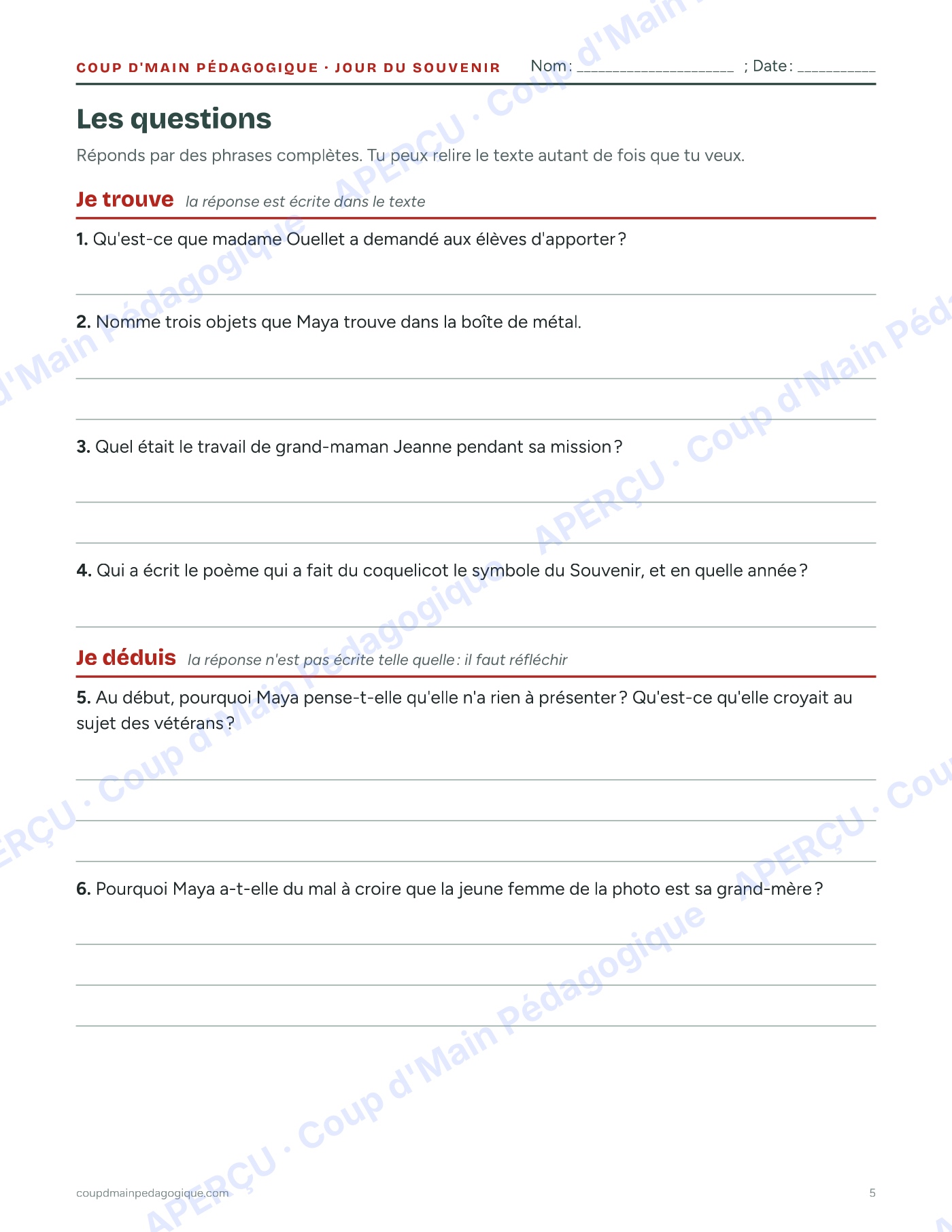Page 5 — Le jour du Souvenir — 4e-9e année, trousse