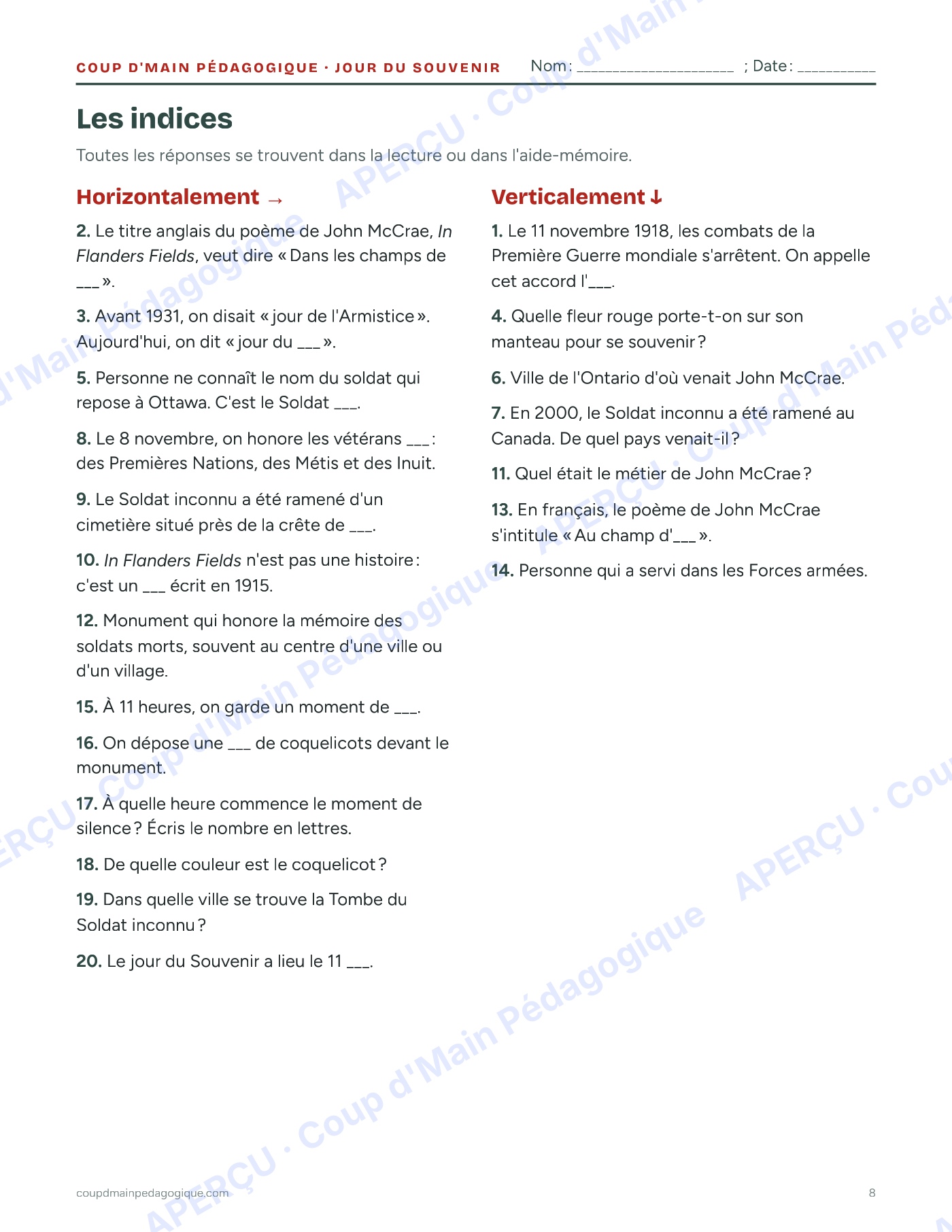 Page 8 — Le jour du Souvenir — 4e-9e année, trousse