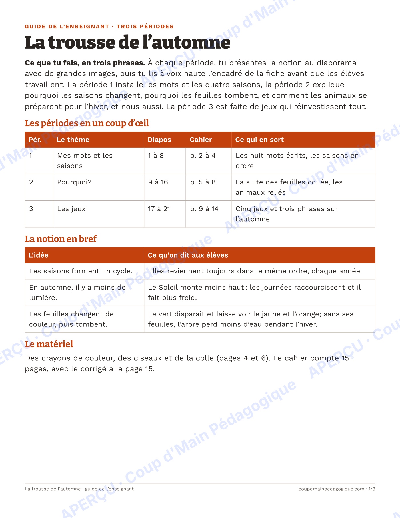 Page 1 — Les saisons et l'automne — 1re-2e année, sciences