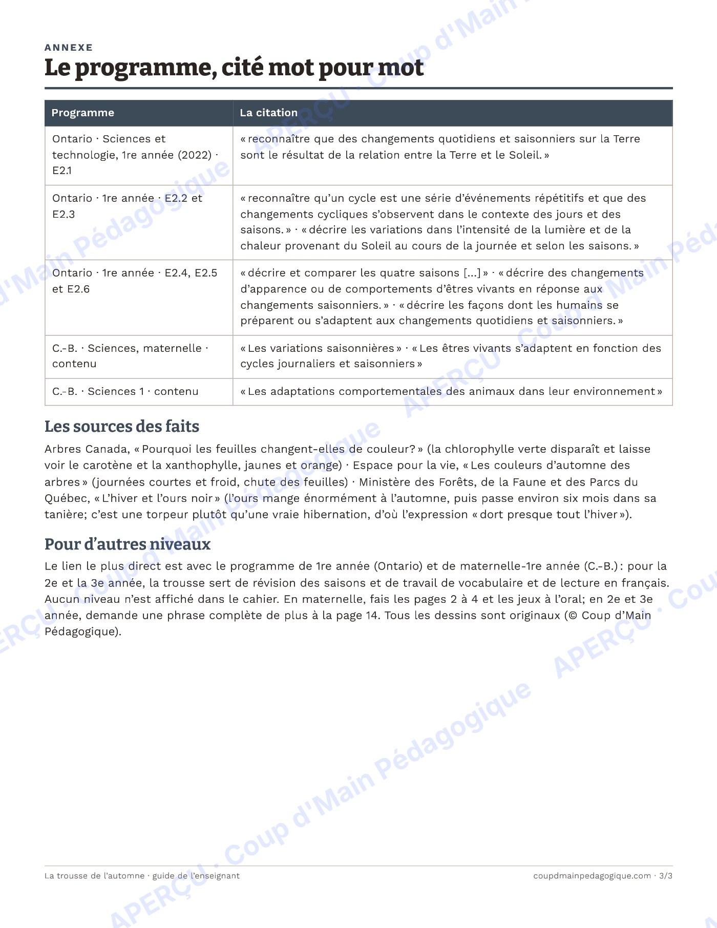 Page 3 — Les saisons et l'automne — 1re-2e année, sciences