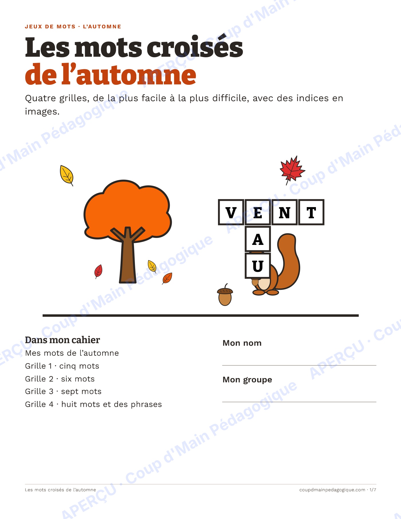 Page 1 — Les mots croisés de l'automne — 1re-3e année
