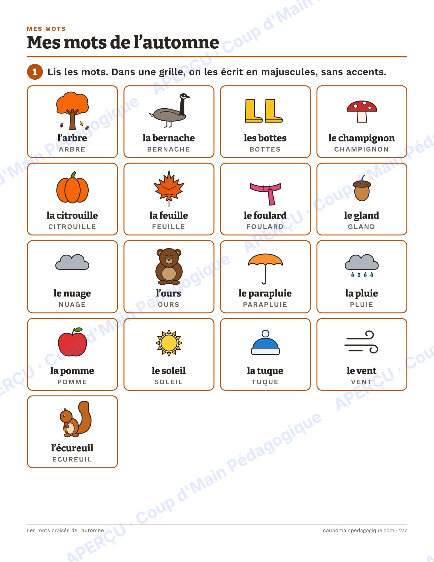 Page 2 — Les mots croisés de l'automne — 1re-3e année