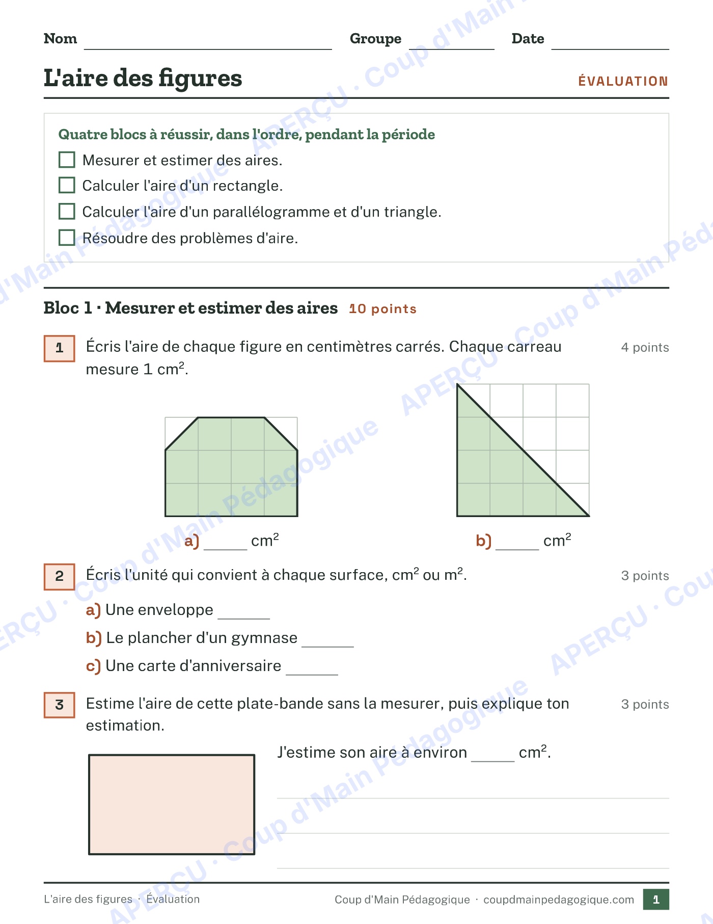 Page 1 — L'aire des figures — 5e-6e année, unité complète