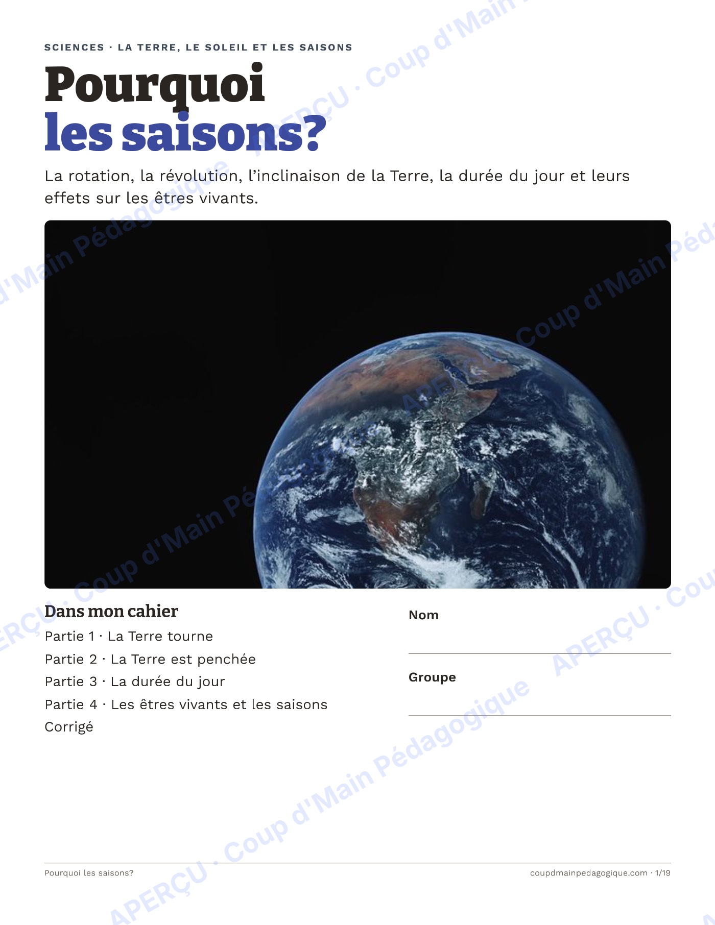 Page 1 — Pourquoi les saisons — 4e-6e année, unité complète