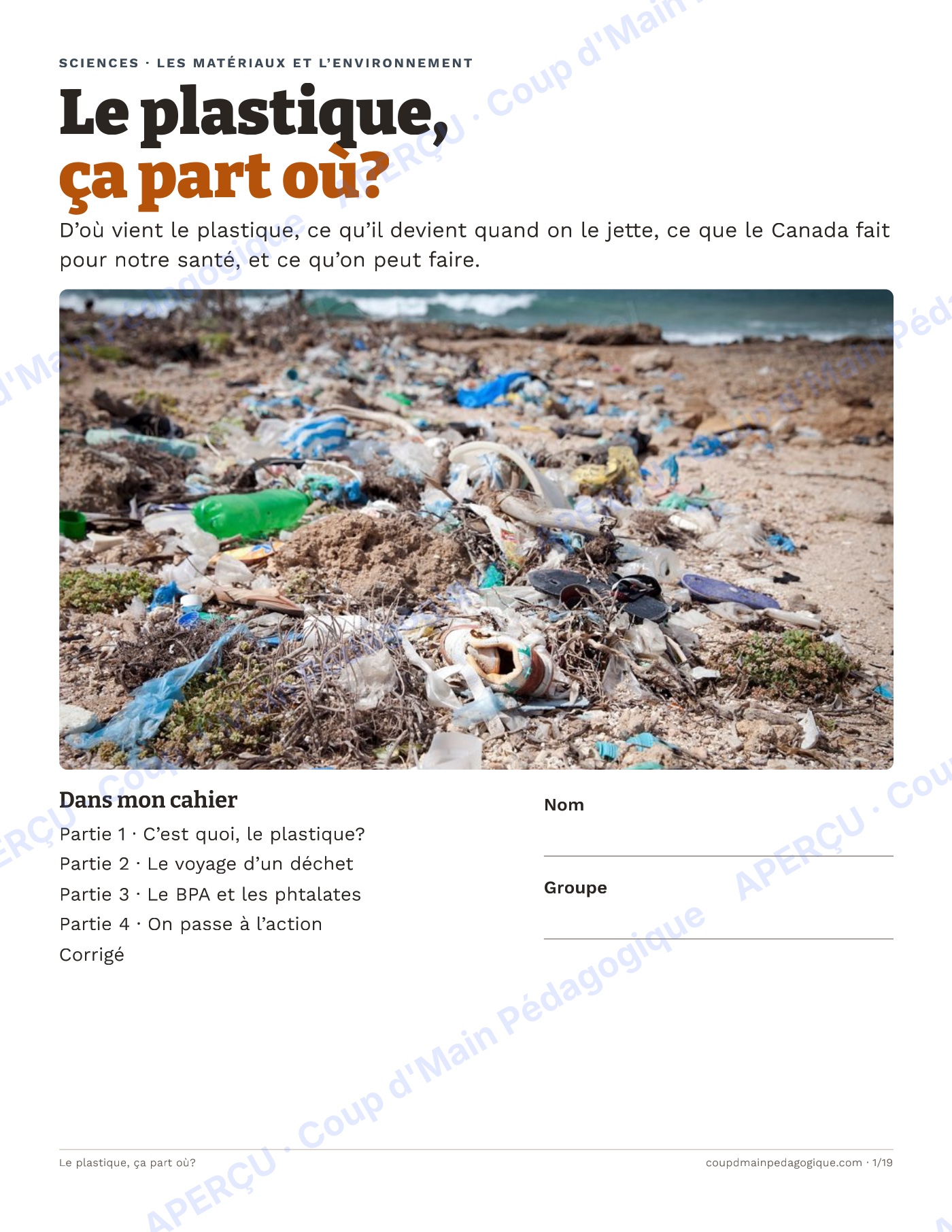 Page 1 — Le plastique, ça part où? — 4e-6e, unité et projet